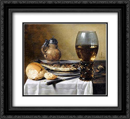 Pieter Claesz Still Life Art Print - Jug, Wine Glass, Herring & Bread in Black Ornate Frame with Double Matting | 22x20 Museum Quality Wall Decor for Dining Room, Kitchen, or Office