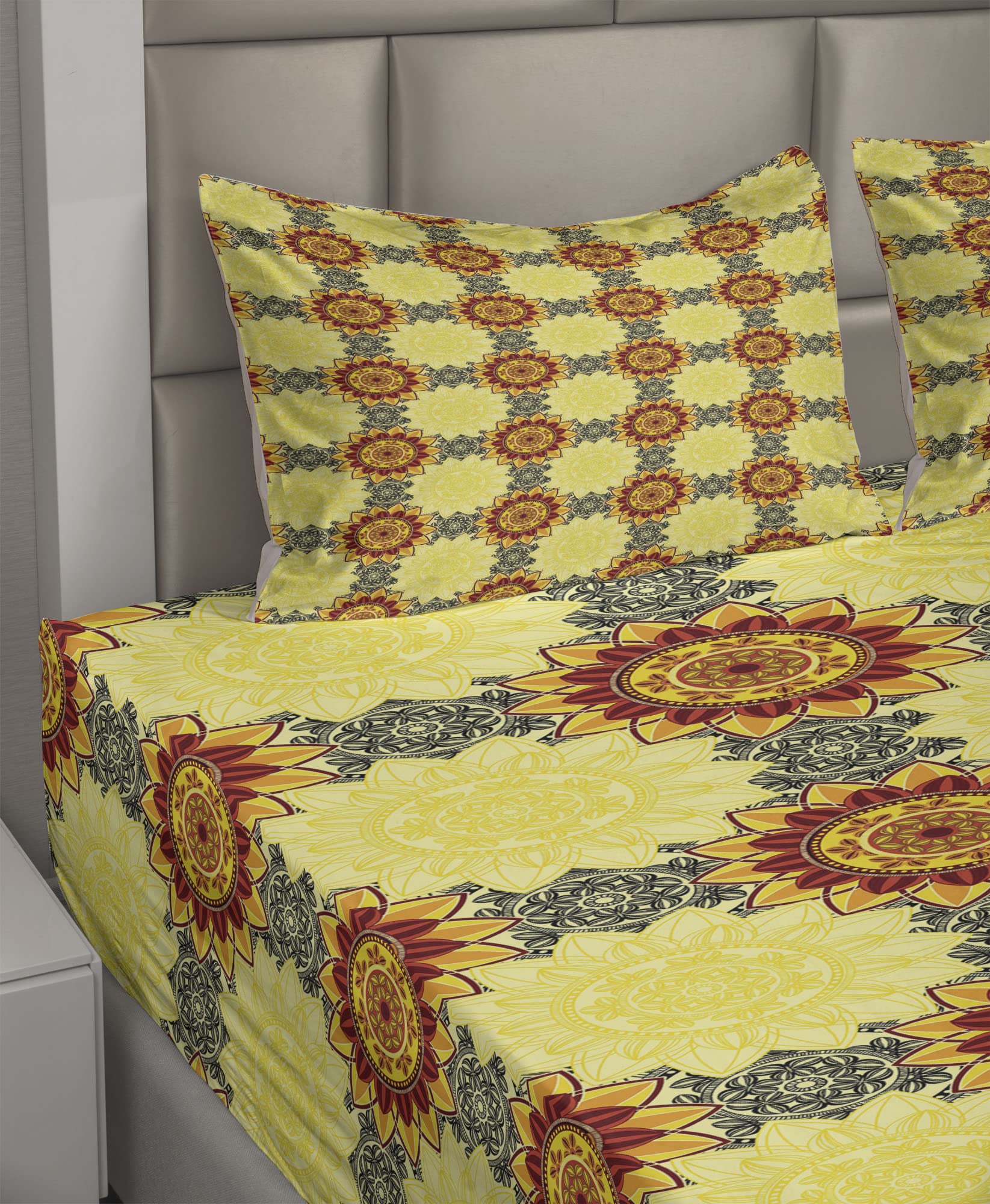 Ambesonne Mandala 4-Piece King Size Sheet Set - Vibrant Yellow Black Ruby Boho Floral Design with Fitted Sheet, Flat Sheet & Pillowcases | Perfect for Bohemian Bedroom Decor, Guest Room Makeover & Meditation Retreats