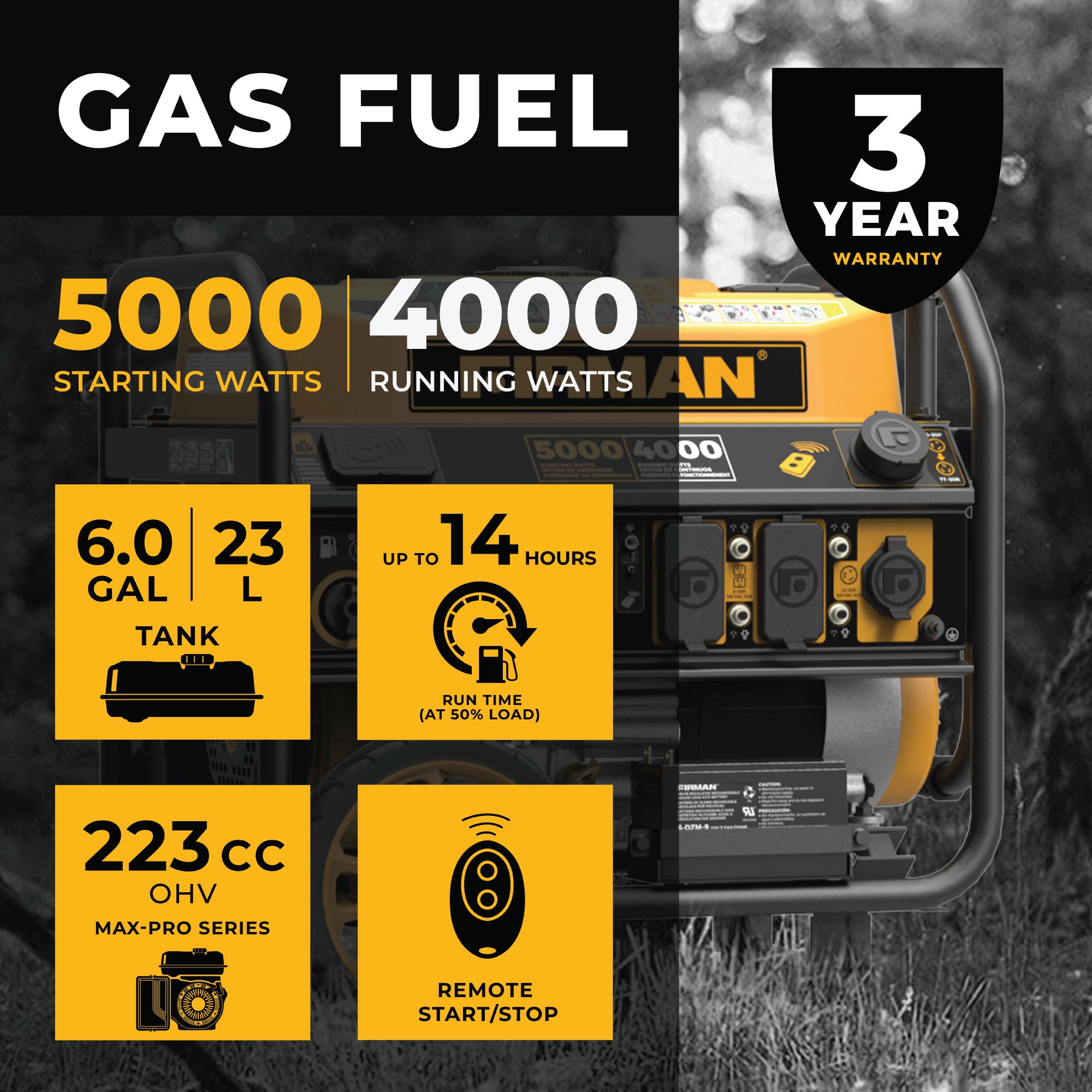 5000W Portable Gas Generator with Remote Start - 120V Quiet Inverter for Camping, RV & Emergency Power Backup