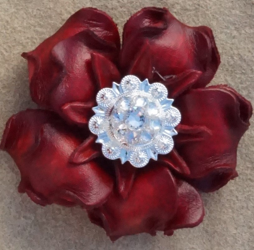 Red Gardenia Leather Flowers with Crystal Conchos - Handmade Floral Hair Clips & Boho Wedding Accessories for Brides, Bridesmaids, and Festival Goers
