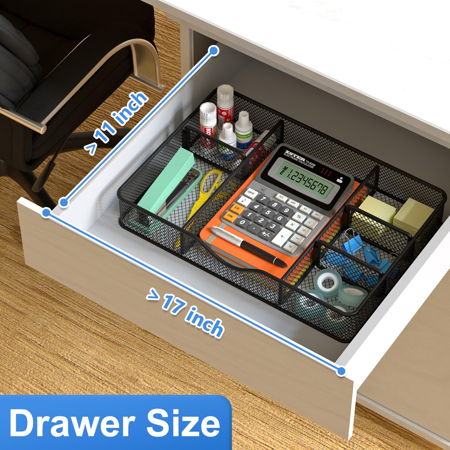 Metal Mesh Desk Drawer Organizer with 6 Adjustable Compartments - 14.5x8.8x1.96 Inch Black Tray for Office, Kitchen, Bathroom, Makeup & Vanity Storage - Perfect for Organizing Stationery, Utensils, Cosmetics & Jewelry
