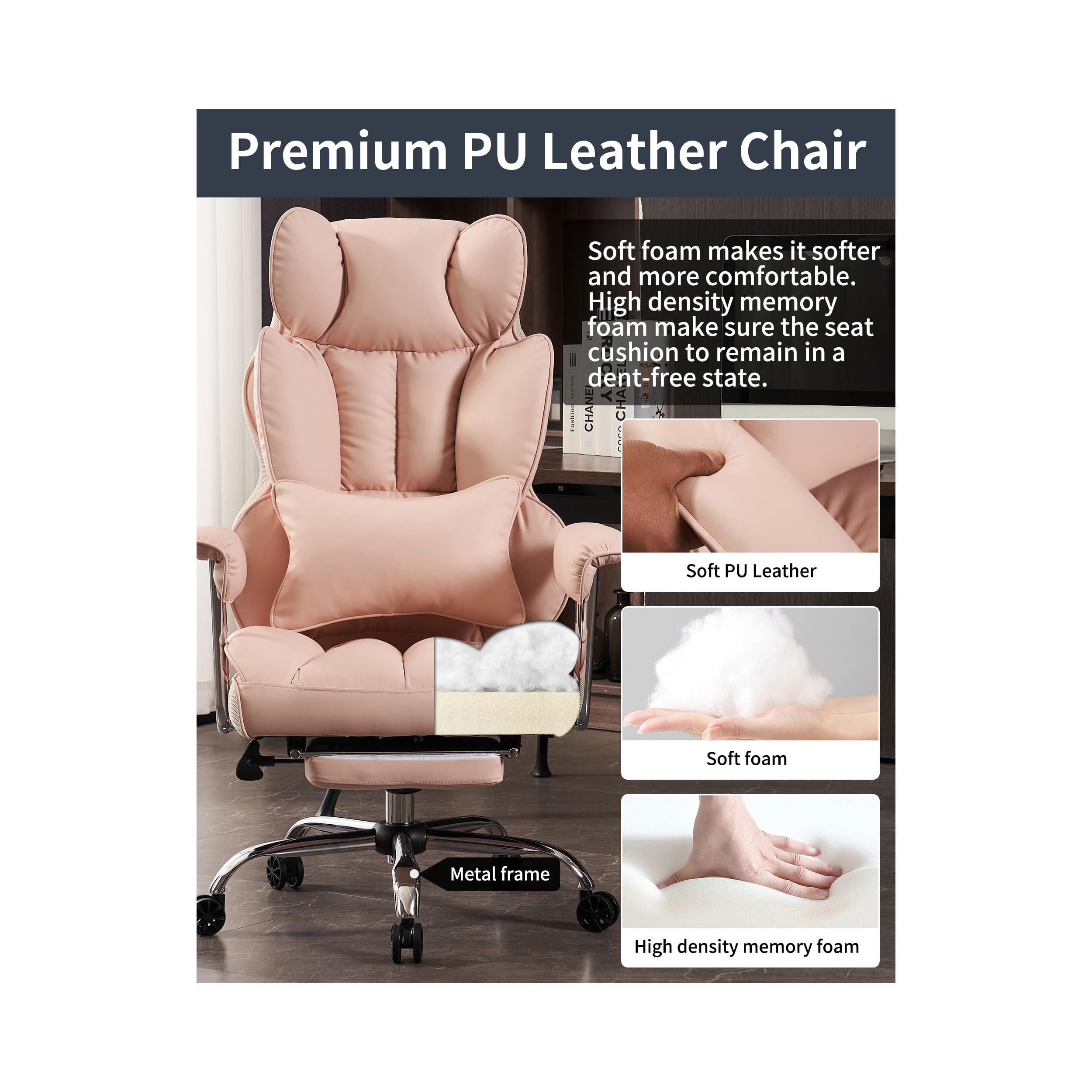Efomao Big and Tall Office Chair 400LBS Heavy Duty Executive Chair with Footrest - Pink Oversized Computer Desk Chair for Home Office, Gaming & Workspace Comfort