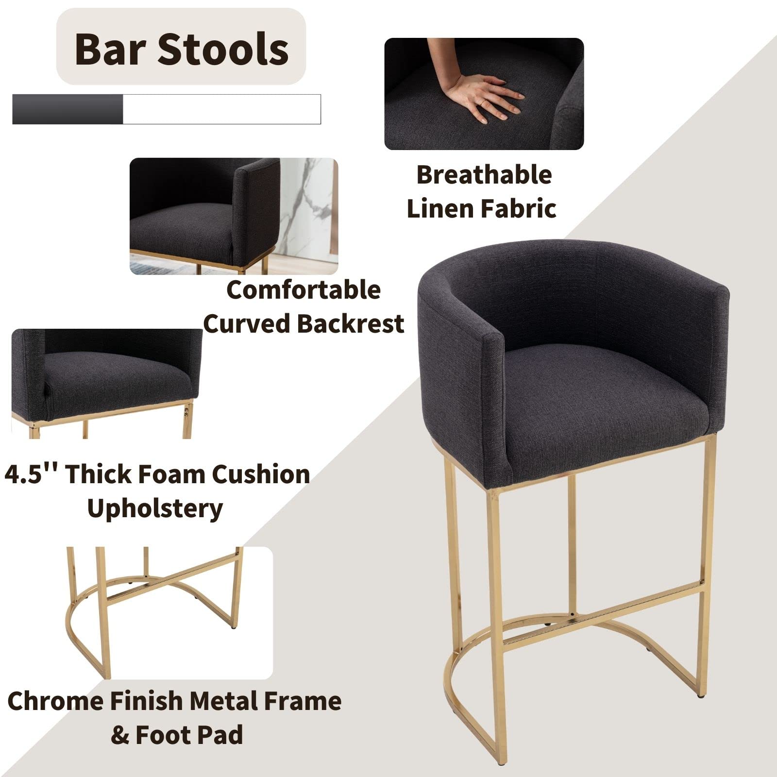 Modern 32 Inch Counter Height Bar Stool with Linen Upholstery & Gold Metal Frame - Back Support Kitchen Island Stool for Dining Room, Bar, or Breakfast Nook - Charcoal Gray