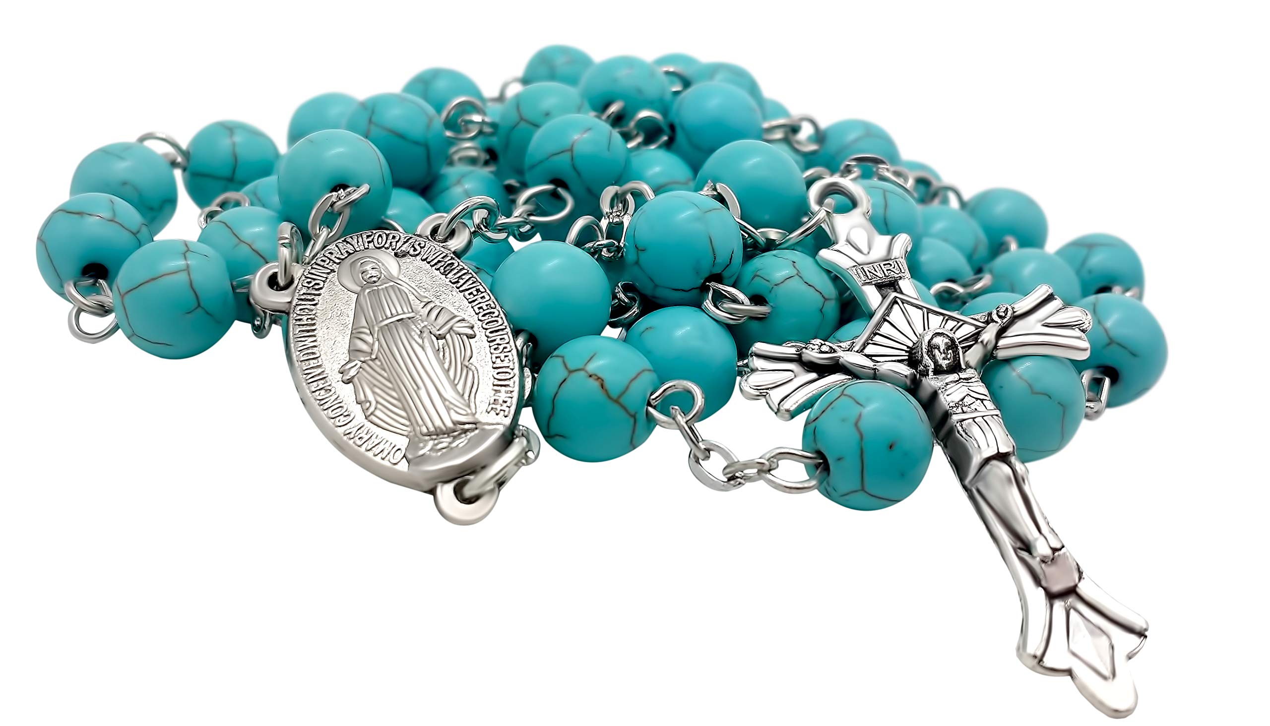 Sky Blue Turquoise Stone Beads Rosary Prayer Necklace with Miraculous Medal & Jesus Cross - Catholic Religious Jewelry for Prayer, Meditation and Spiritual Gifts