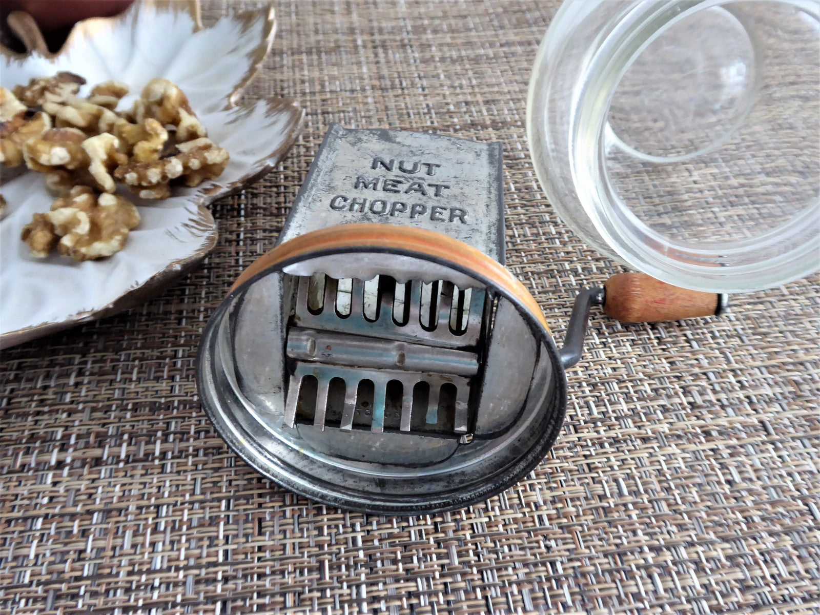 Vintage 1930s Hazel Atlas Glass Nut Chopper with Metal Top - Original Orange Paint - Perfect for Crushing Nuts, Herbs, and Spices for Baking, Cooking & Cocktails
