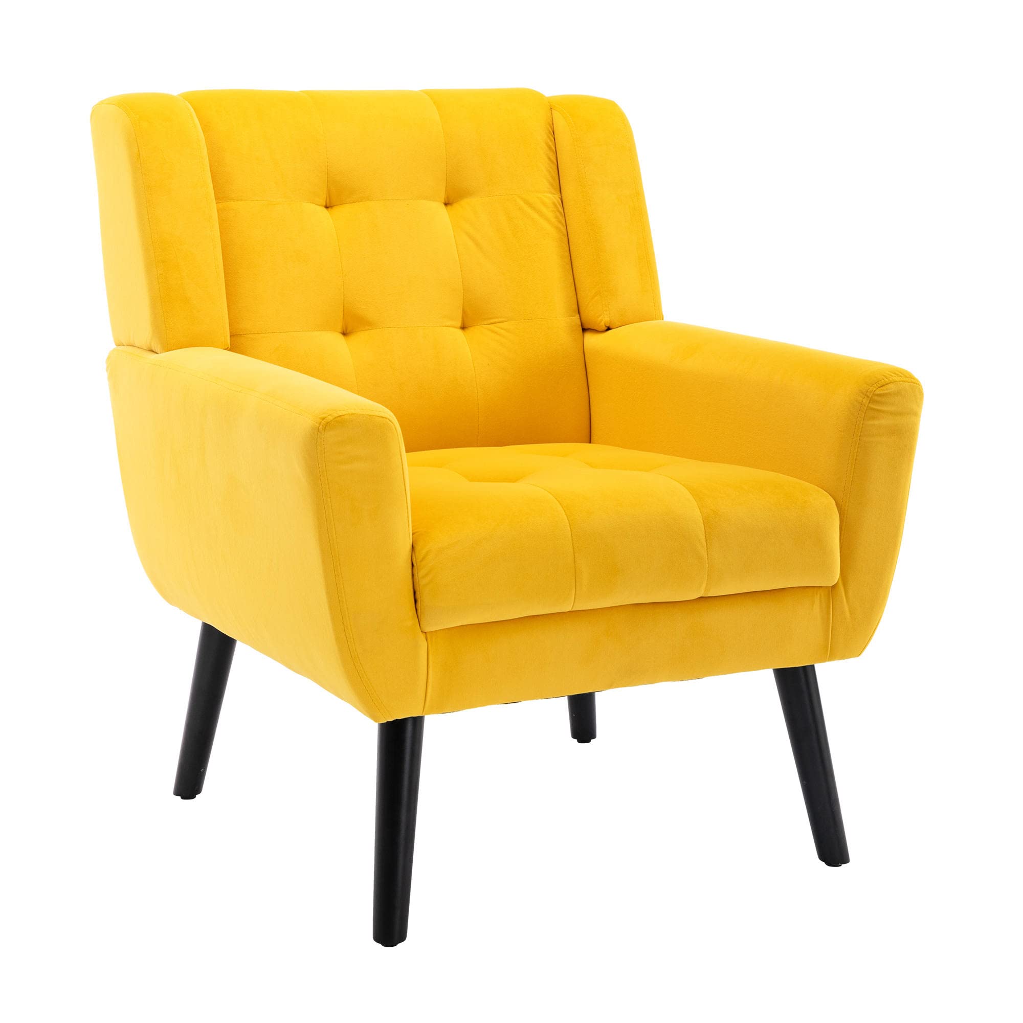 Modern Accent Chair with Black Legs - Upholstered Button Tufted Armchair in Linen Fabric | Ergonomic Living Room & Bedroom Chair | Perfect for Reading Nook, Home Office or Lounge Area (Yellow)