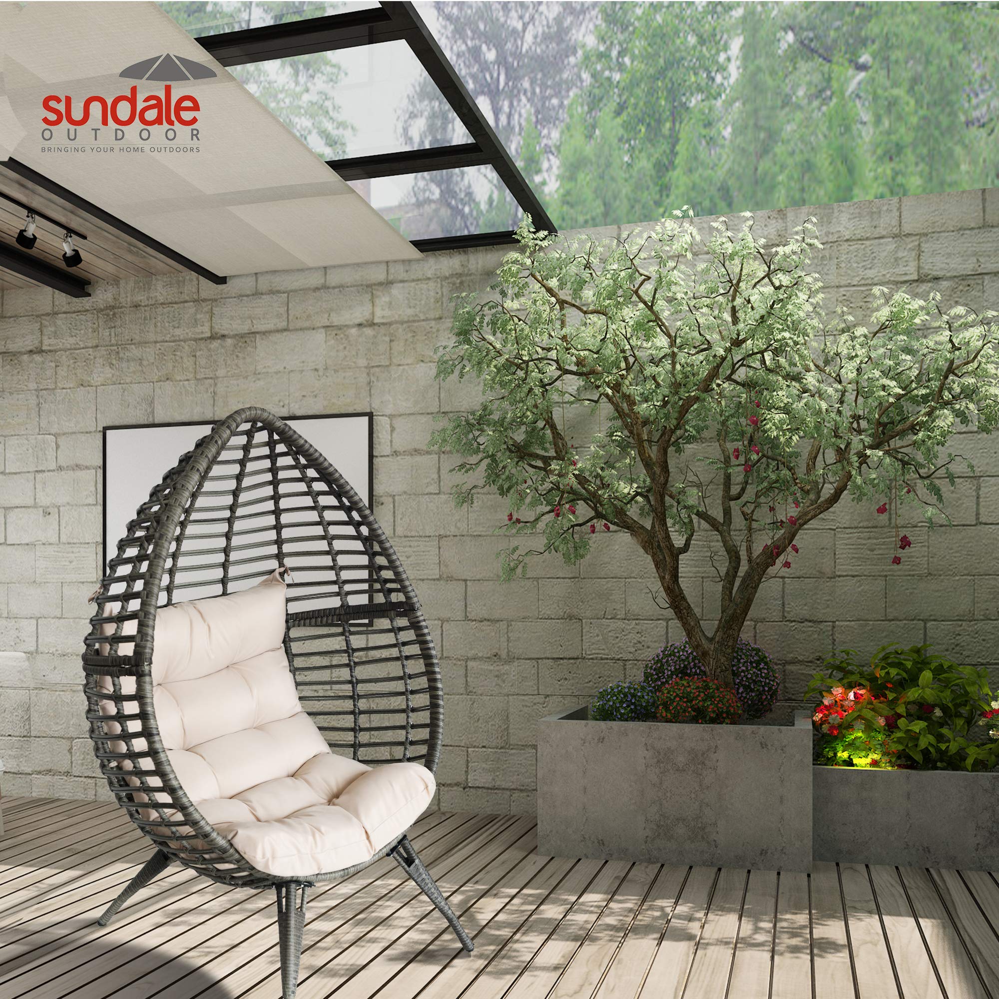 Sundale Outdoor Wicker Egg Chair with Cushion - Grey & Beige Rattan Hanging Chair for Bedroom, Patio, Garden | Indoor Teardrop Basket Chair for Relaxation & Reading Nook