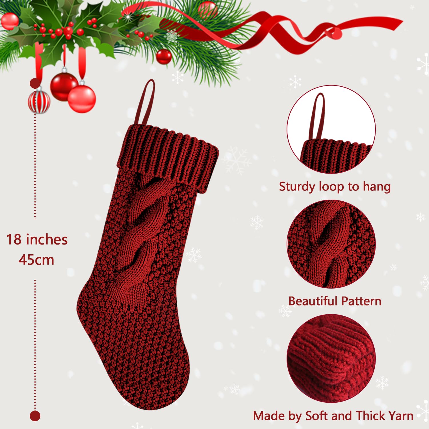 6-Pack 18 Inch Burgundy Knitted Christmas Stockings with Elegant Design - Perfect for Holiday Decor, Fireplace Mantel, and Gift Giving