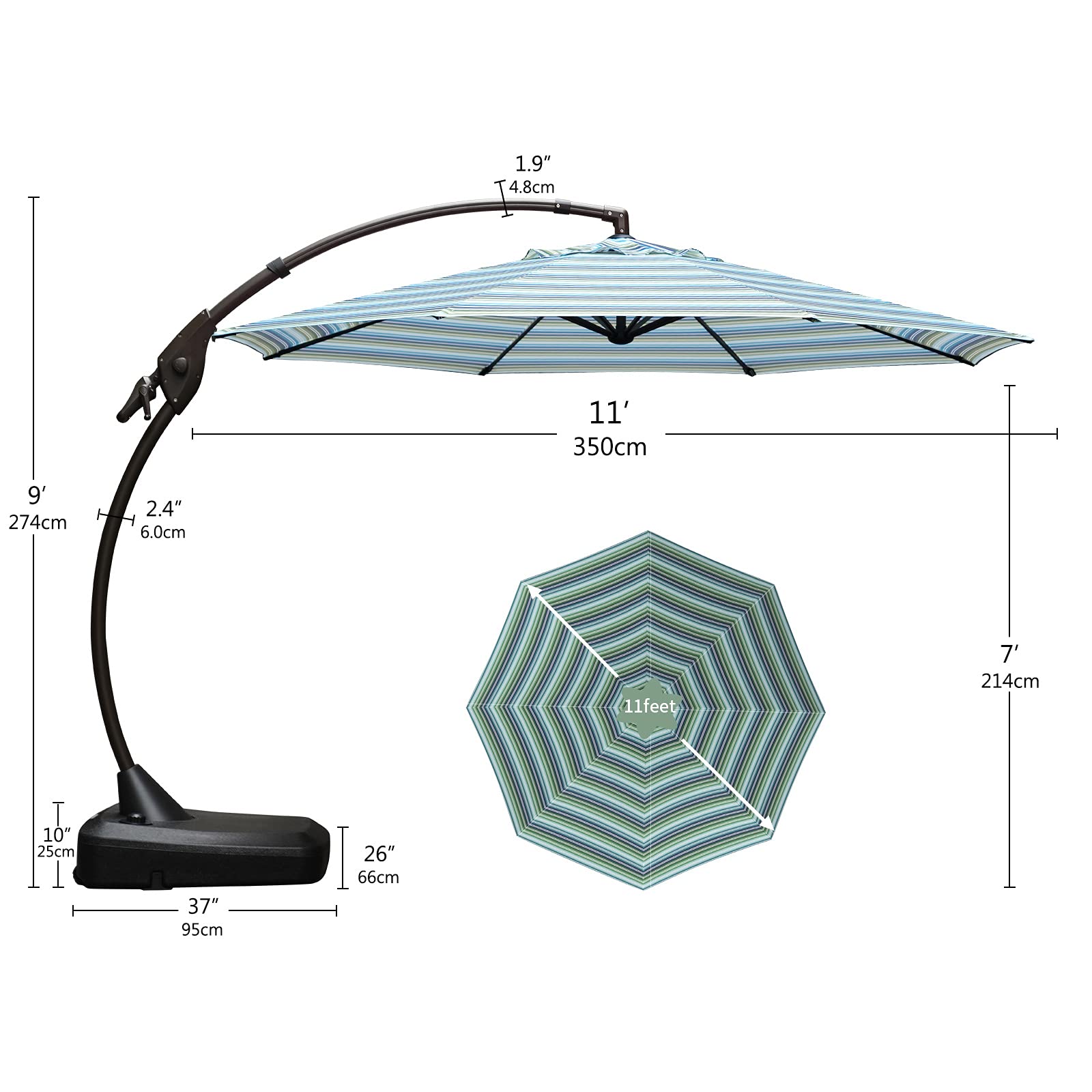 11FT Grand Patio Cantilever Offset Umbrella - Aluminum Outdoor Umbrella with Base for Pool, Garden, Deck (Stripes) - Perfect for Shade in Backyard, Beach & Outdoor Dining Areas