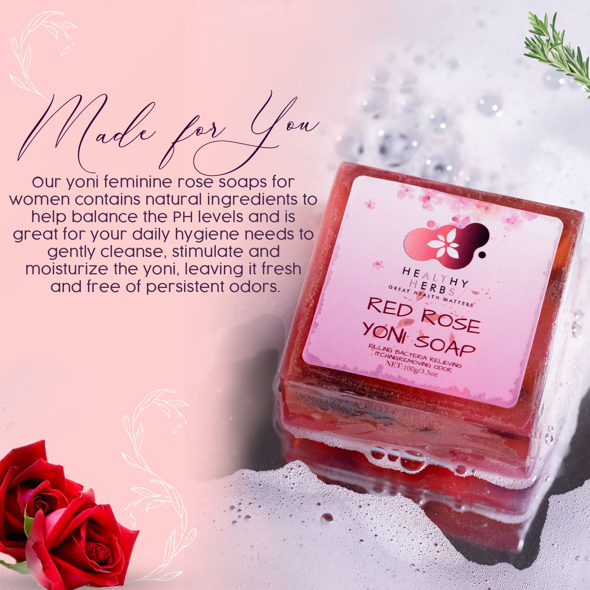Organic Yoni Soap for Women - 100% Natural Feminine Wash Bar (3.5 oz) with pH Balance | Handmade Herbal Soap with Red Rose Extract | Eliminates Odor & Supports Vaginal Health | Perfect for Daily Intimate Care & Post-Workout Freshness