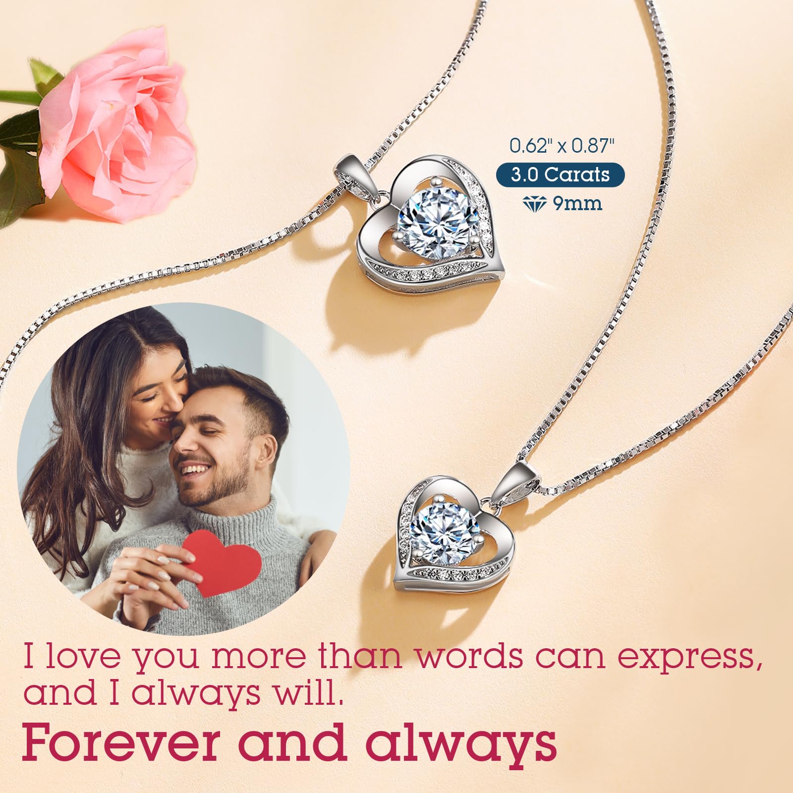 1-3 Carat Moissanite Heart Pendant Necklace for Women - Engraved 