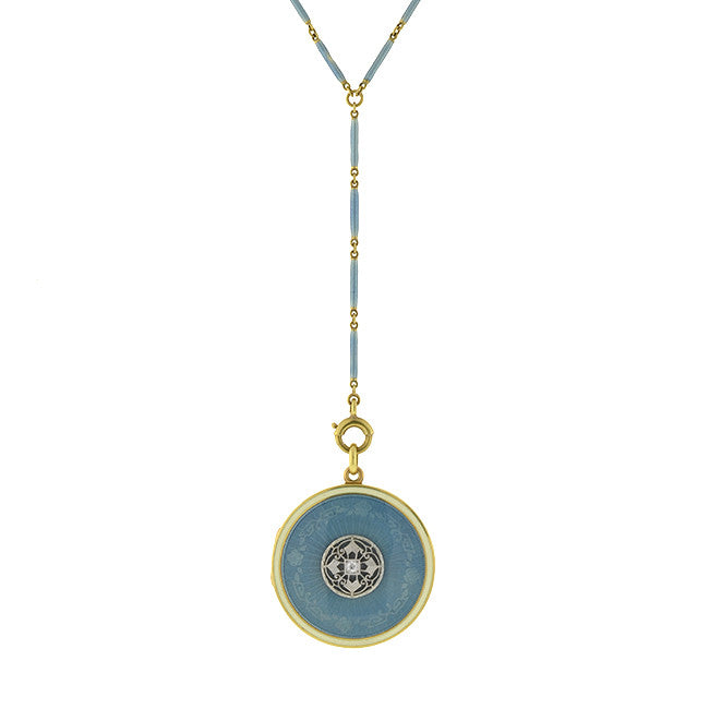 14kt Gold Edwardian Blue Guilloché Enamel Locket Necklace with Chain - Vintage Jewelry Gift for Women, Perfect for Weddings & Special Occasions