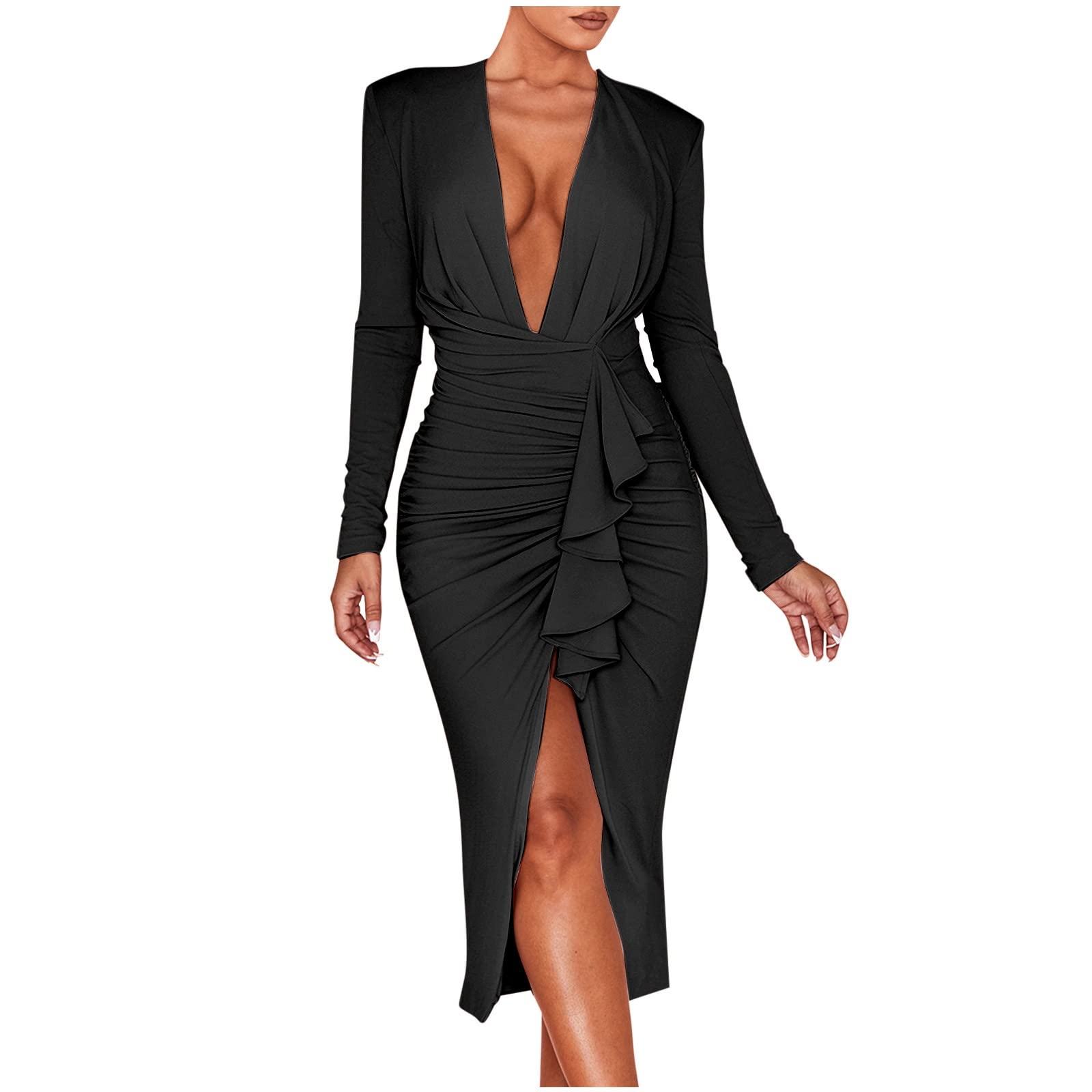 Elegant Long Sleeve V-Neck Midi Dress with High Slit - Women's Cocktail Party & Wedding Guest Dress - Perfect for Formal Events, Date Nights & Special Occasions