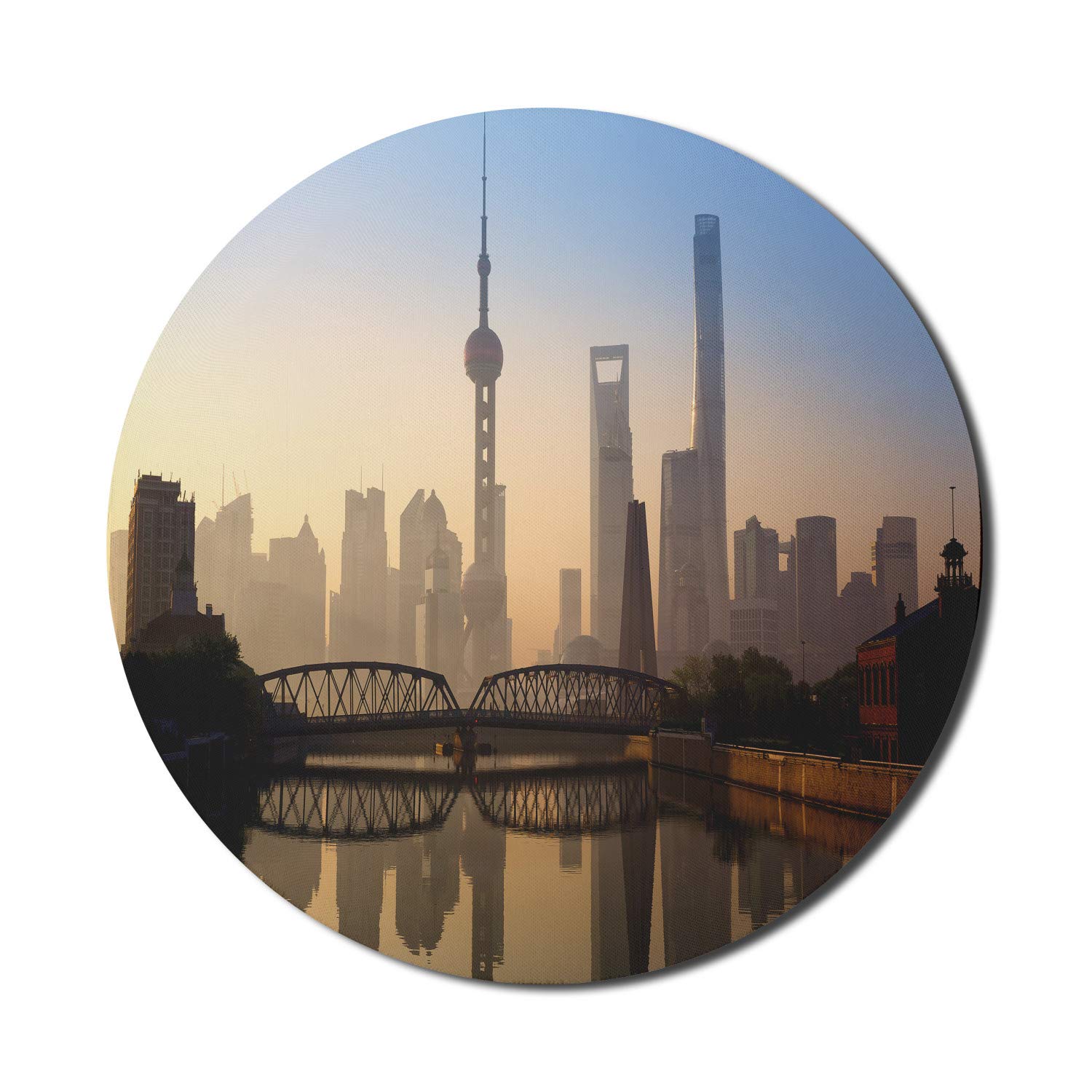 Ambesonne Round Non-Slip Rubber Gaming Mouse Pad - 8 Inch Shanghai Skyline Sunrise Design with Waibaidu Bridge, Blue & Brown - Perfect for Office, Home & Gaming Computers