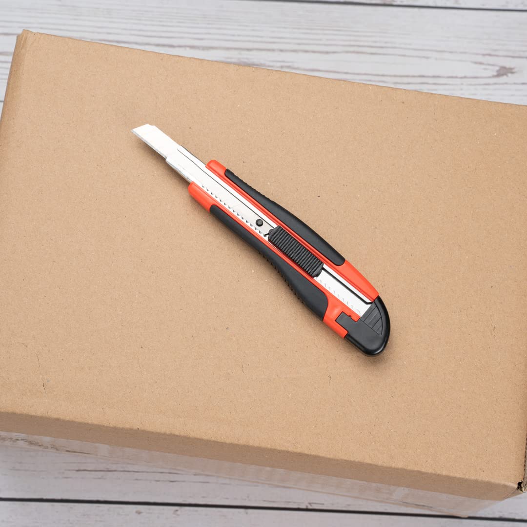 Handy Tek 5.3 Inch Retractable Utility Knife Set of 4 - Snap-Off Blades, Built-In Safety Lock, Heavy Duty Orange Plastic Breakaway Knives with Sharp Blades - Perfect for Restaurant, Kitchen, Packaging & DIY Projects