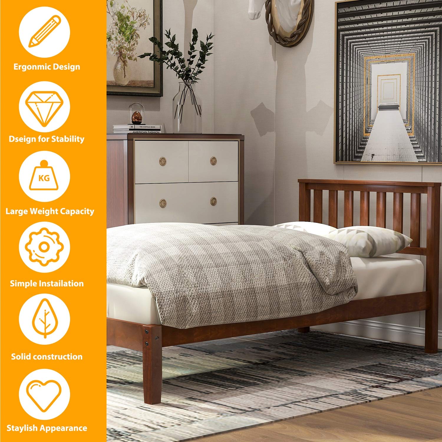 Danxee Solid Wood Twin-Size Bed Frame with Headboard & Wood Slat Support - Sturdy Platform Bed with Mattress Foundation for Kids & Teens (Walnut) - Perfect for Bedrooms, Dorms & Guest Rooms