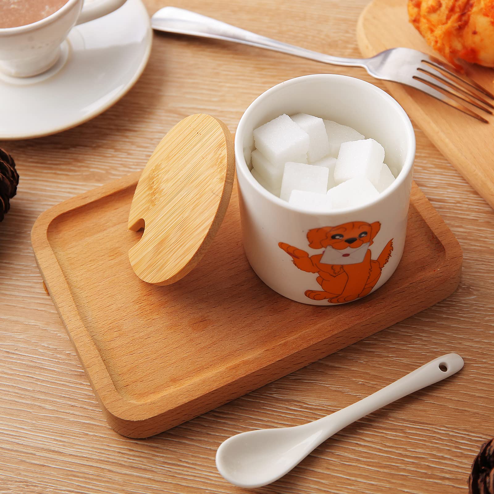 Ceramic Sugar Bowl with Wooden Lid & Stainless Steel Spoon - 9oz/266ml Dog Pattern Porcelain Sugar Container for Coffee, Tea & Baking | Perfect for Kitchen, Breakfast & Dog Lovers Gift | Home Decor & Coffee Bar Essential