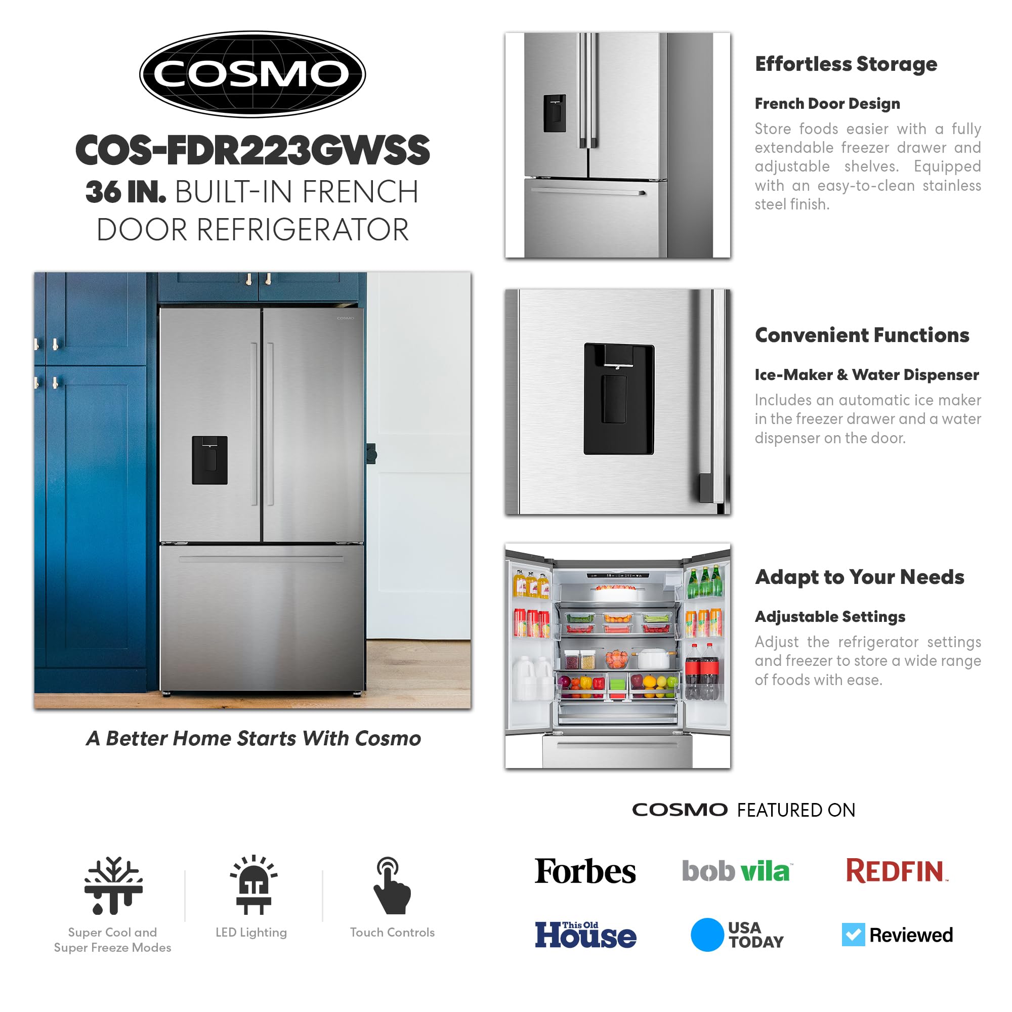 COSMO COS-FDR223GWSS 36-Inch Stainless Steel Counter-Depth French Door Refrigerator with Built-In Water Dispenser & Automatic Ice Maker - Perfect for Modern Kitchens, Entertaining & Family Use