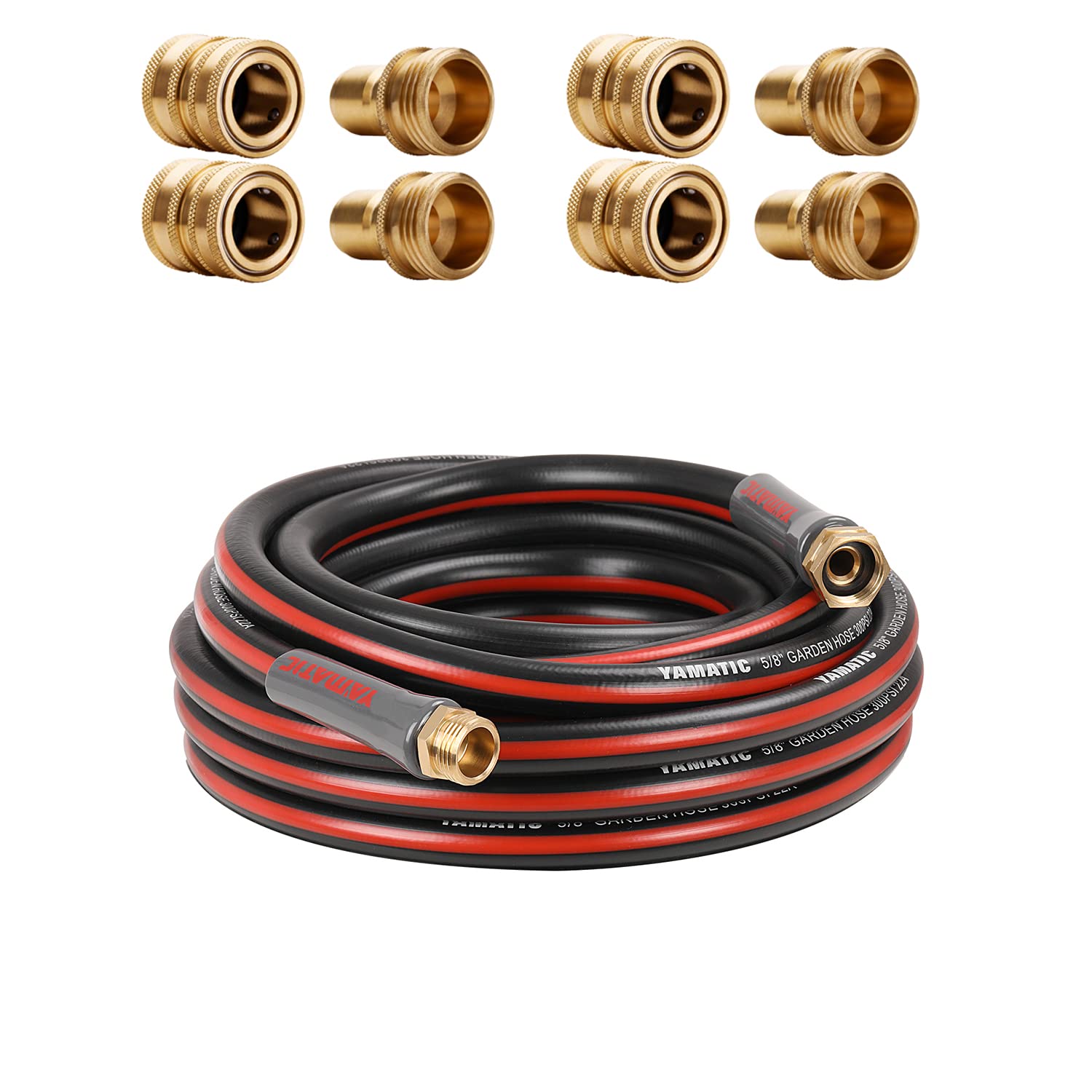 YAMATIC 5/8 Inch x 25 Feet Heavy Duty Garden Hose with Solid Brass Quick Connect Set - Perfect for Watering Plants, Washing Cars, and Outdoor Cleaning