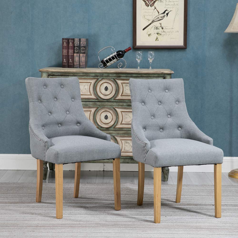 2 Pack Grey Upholstered Dining Chairs with Arms - Soft Fabric High Back Hostess Chairs with Button Tufting for Kitchen, Restaurant & Living Room - Comfortable Seating for Family Meals & Dinner Parties (Gray)