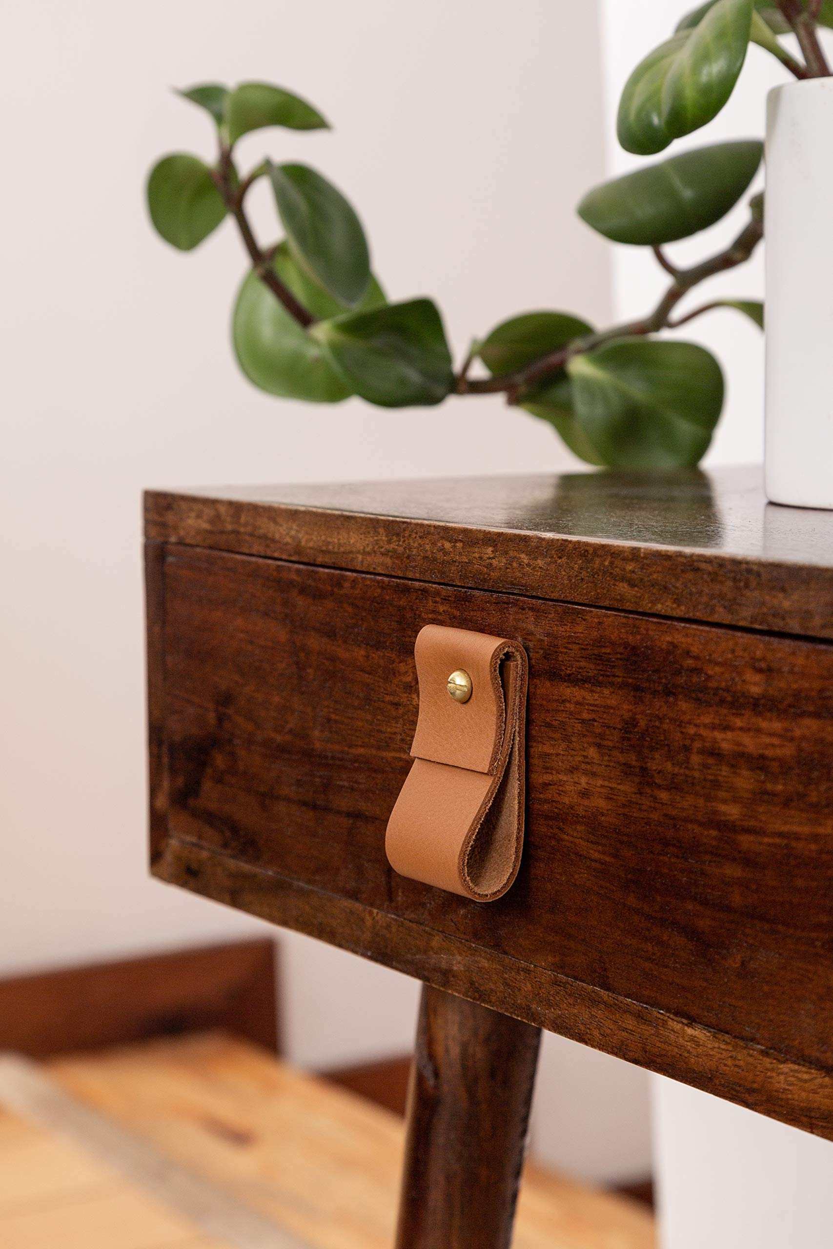 KEYAIIRA - Minimalist Leather and Brass Drawer Pulls - Modern Cabinet Handles for Kitchen, Dresser & Farmhouse Furniture - Scandinavian Style Hardware for Cabinets, Wardrobes & Home Decor