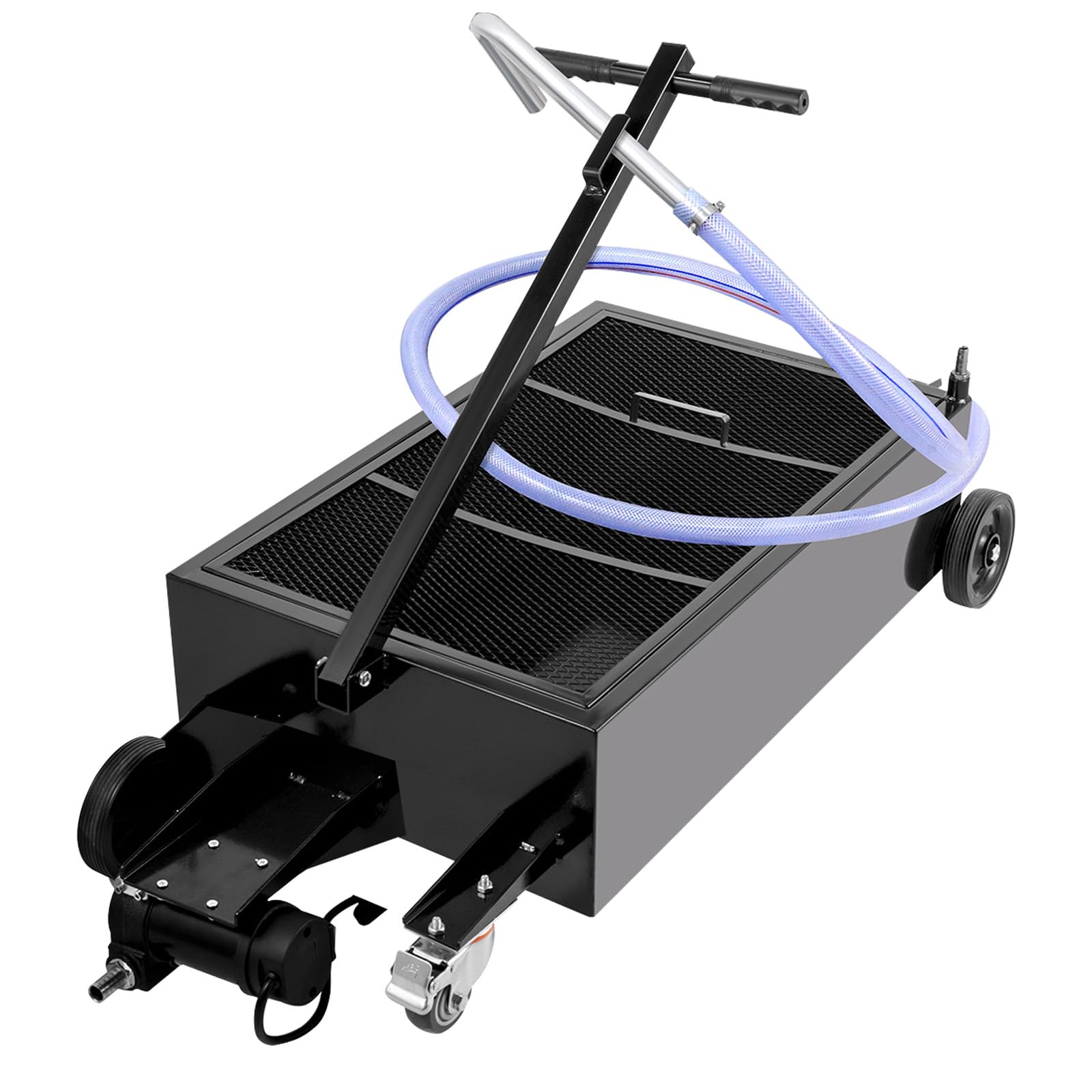 VEVOR 25 Gallon Low Profile Oil Drain Pan with Electric Pump - Large Capacity Oil Change Pan with 7.2ft Hose & Folding Handle - Rolling Oil Drain Cart for Trucks, Buses, RVs - Perfect for Garage, Auto Shop & Fleet Maintenance