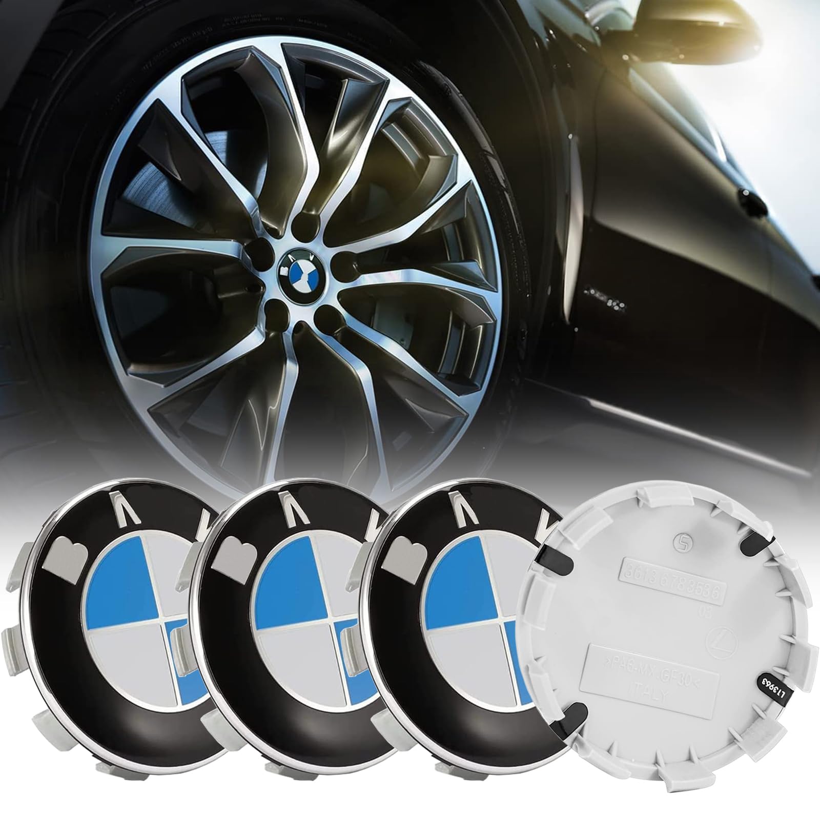 Cinkenyo 4-Piece 68mm Wheel Center Caps Replacement for BMW - Blue & White Car Wheel Emblem Hub Caps | Perfect for BMW X5, X3, 3 Series & 5 Series Models (Fits 68mm Wheels)