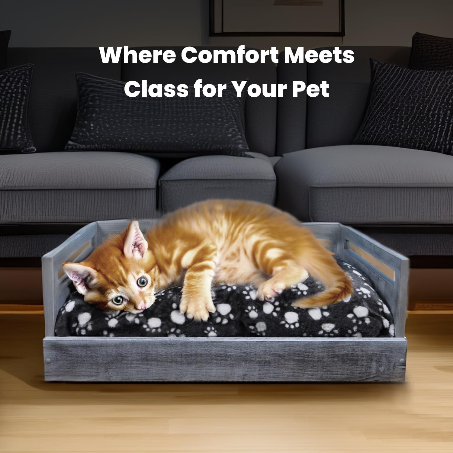 **Premium Wooden Pet Bed with Paw Print Cushion - Antique Gray Dog & Cat Bed in Multiple Sizes - Cozy & Durable for Indoor & Outdoor Use**
