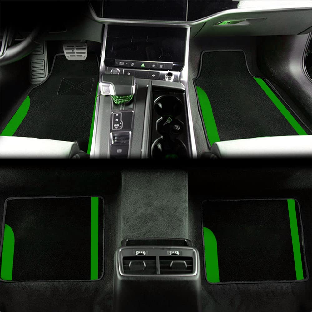 Premium Universal Car Carpet Floor Mats - 4-Piece Set for SUVs, Trucks, Sedans & Vans | All-Weather Protection (Black with Green Trim) | Perfect for Daily Commutes, Road Trips & Family Adventures