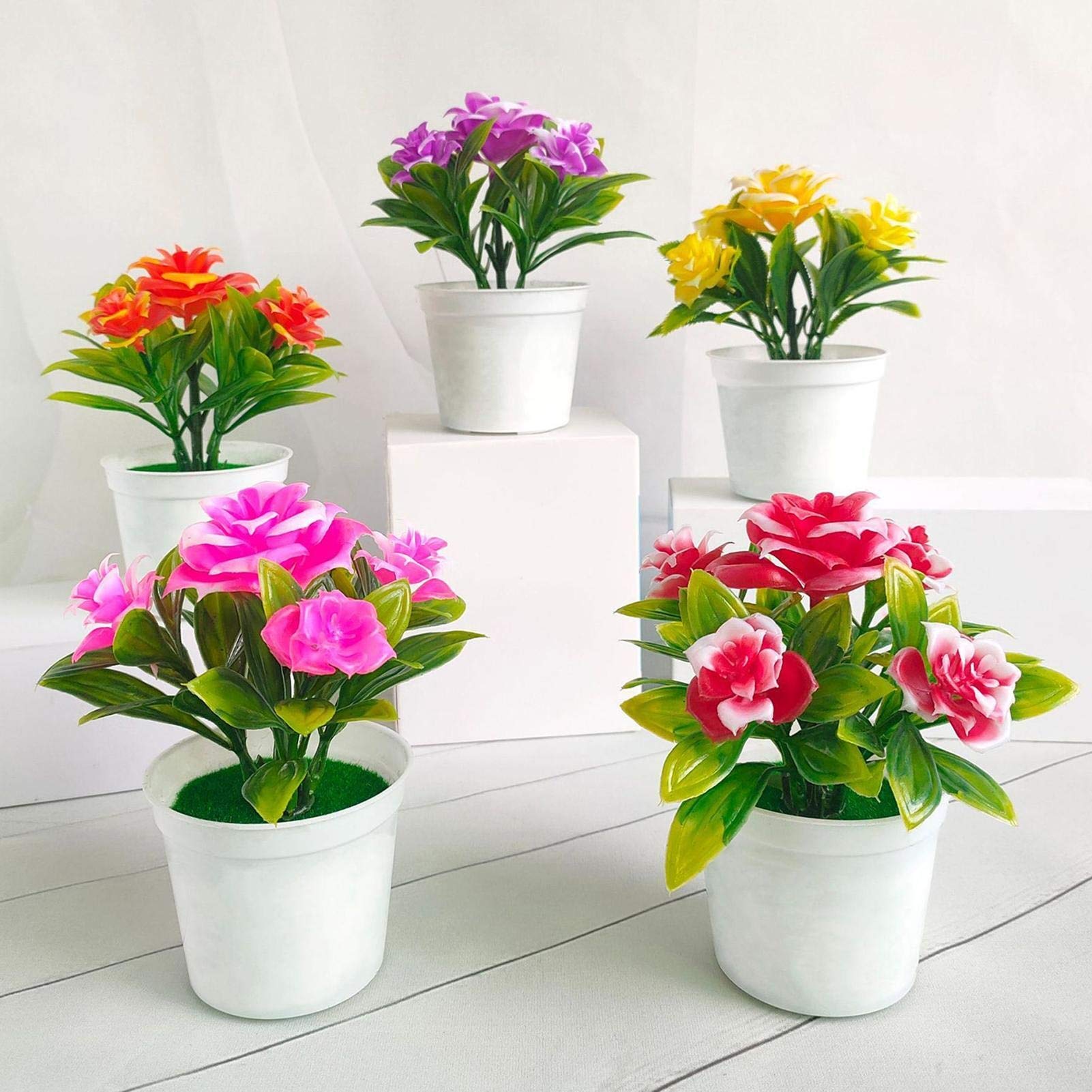 Lifelike Artificial Pink Plastic Potted Flowers - Realistic Fake Plants for Home & Office Decor - Perfect for Desks, Shelves, and Tabletop Displays