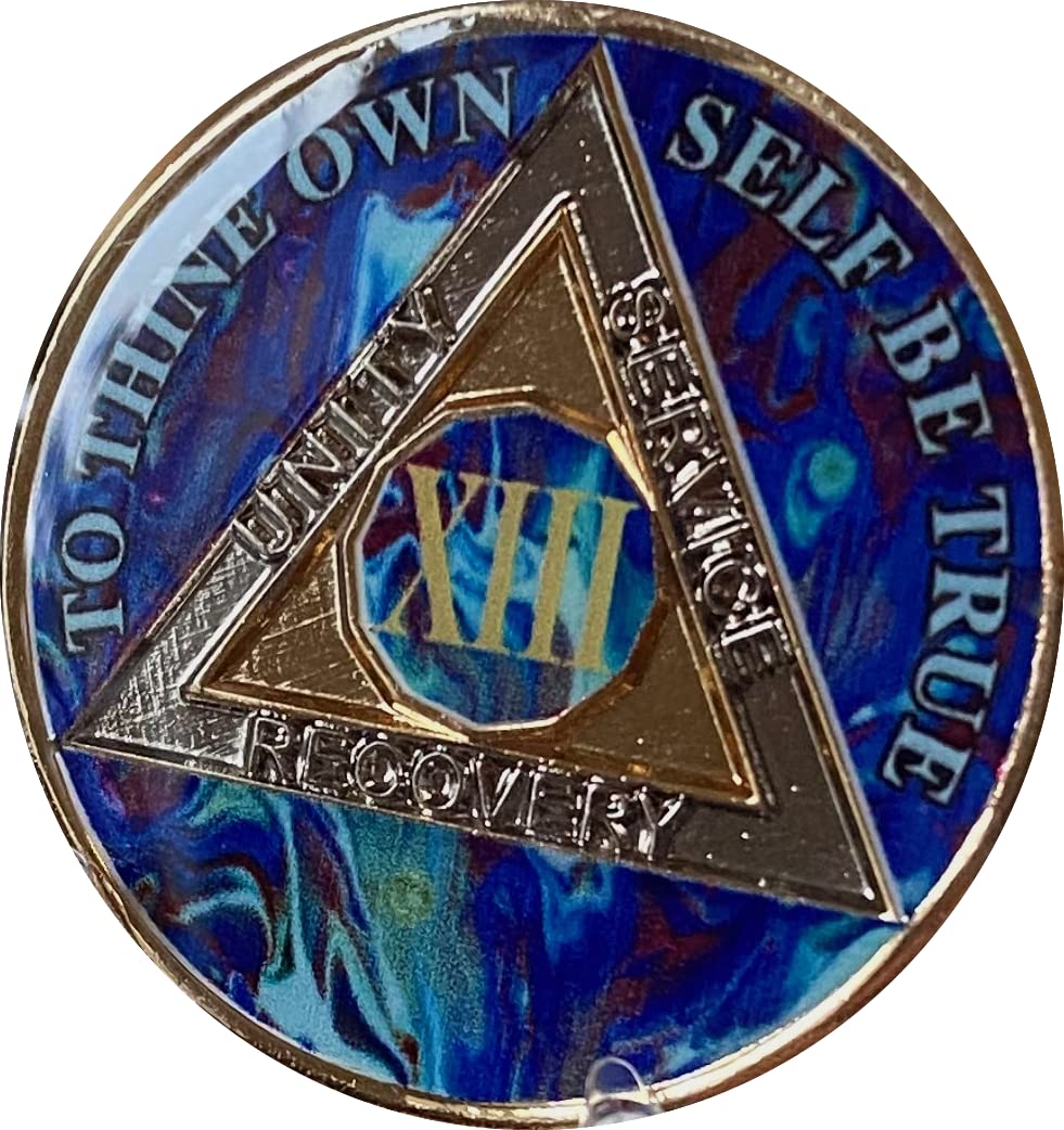 13 Year AA Medallion Sobriety Chip - Sapphire Blue Swirl Tri-Plate Recovery Token for Alcoholics Anonymous Meetings & Milestone Celebrations