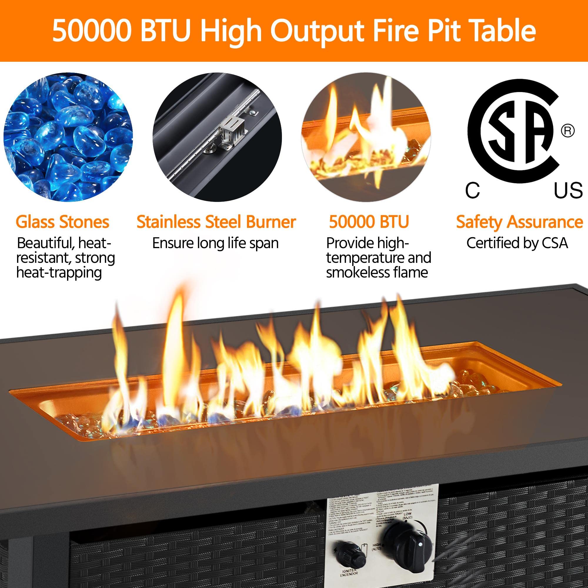 Topeakmart 43 Inch Outdoor Propane Fire Pit Table - 50,000 BTU Gas Fire Pit with Tempered Glass Top & Rattan Wicker Base - Includes Fire Glass Stones - Perfect for Patio, Garden, Backyard, Deck & Outdoor Parties - 2-in-1 Heating & Entertainment Solution