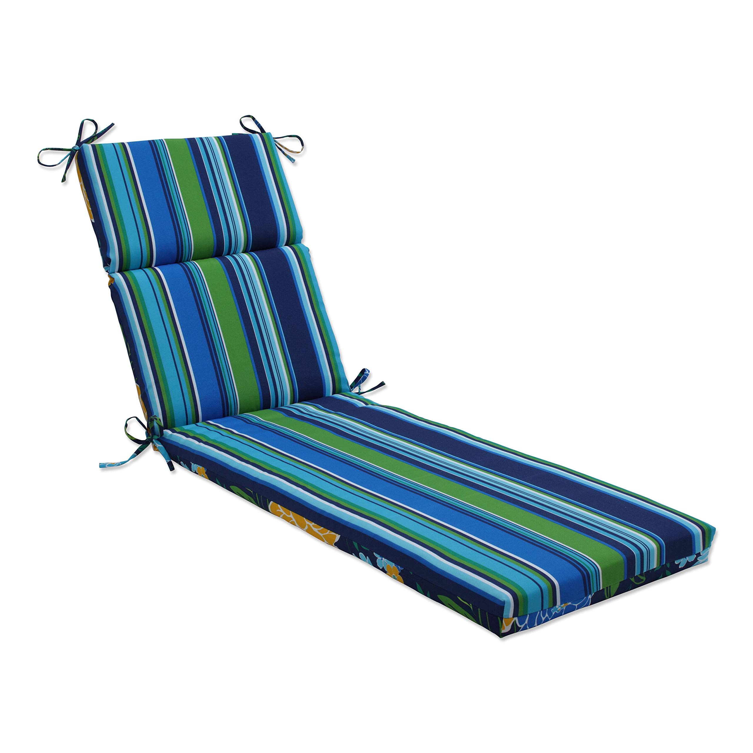 Reversible Floral Stripe Chaise Lounge Cushion - Indoor/Outdoor Split Back Pillow with Ties, Plush Fiber Fill, Weather & Fade Resistant - 72.5