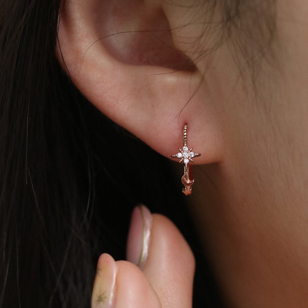 Moon and Star Semi Hoop Earrings - Dainty Celestial Jewelry for Women | Perfect for Everyday Wear, Date Nights & Boho Fashion