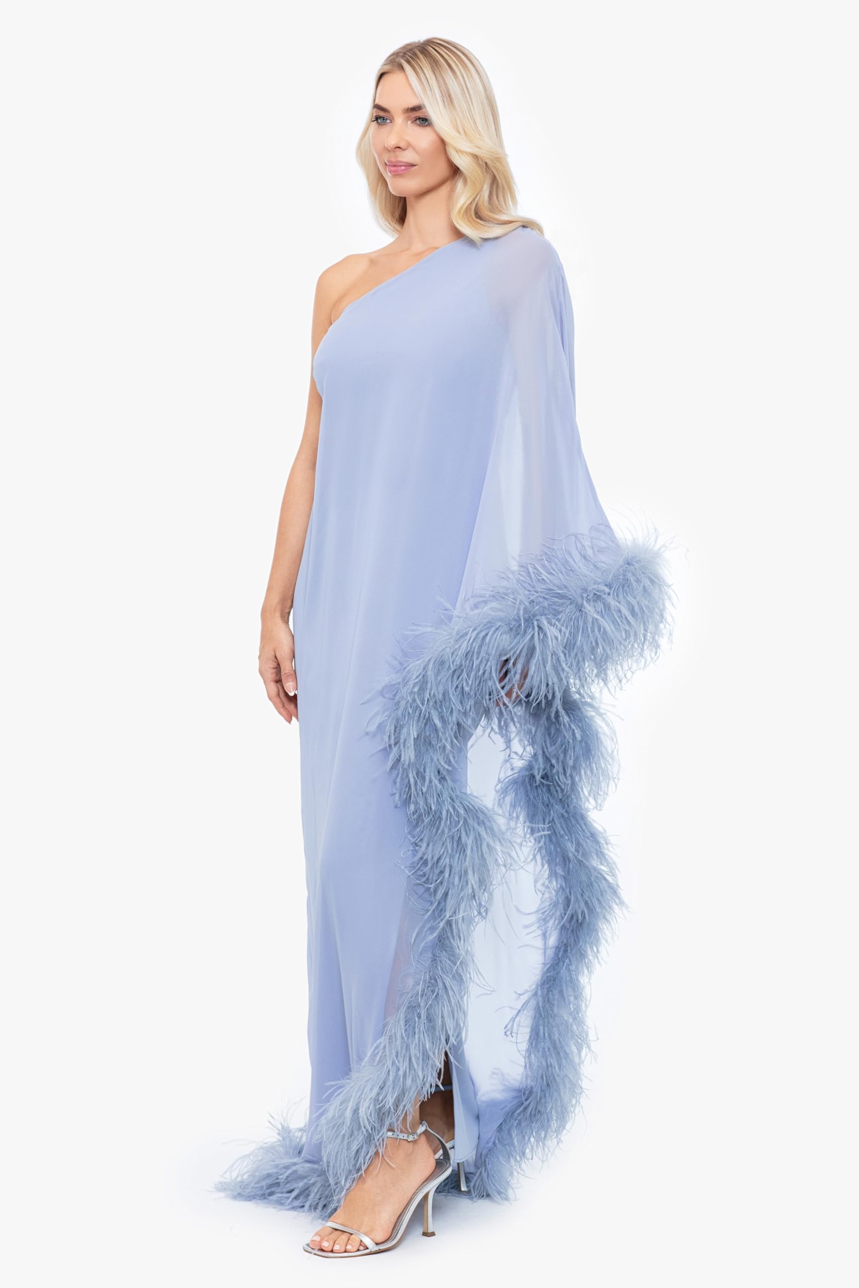 Betsy & Adam Women's One Shoulder Long Sleeve Feather Trim Chiffon Formal Maxi Dress for Evening Gala, Prom, Wedding Guest & Special Occasions