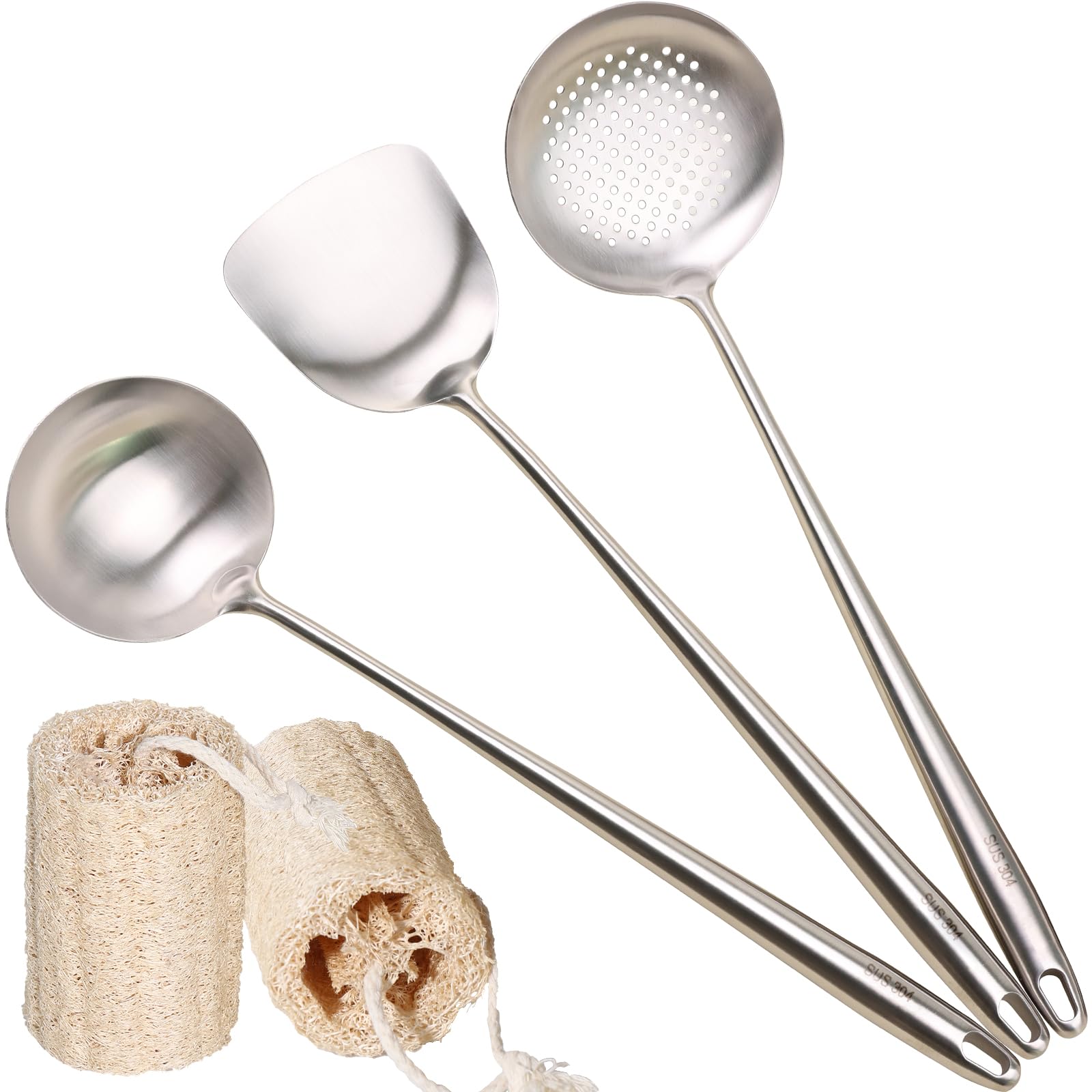 **MARTE 3-Piece Stainless Steel Wok Spatula, Ladle & Skimmer Spoon Set - 17