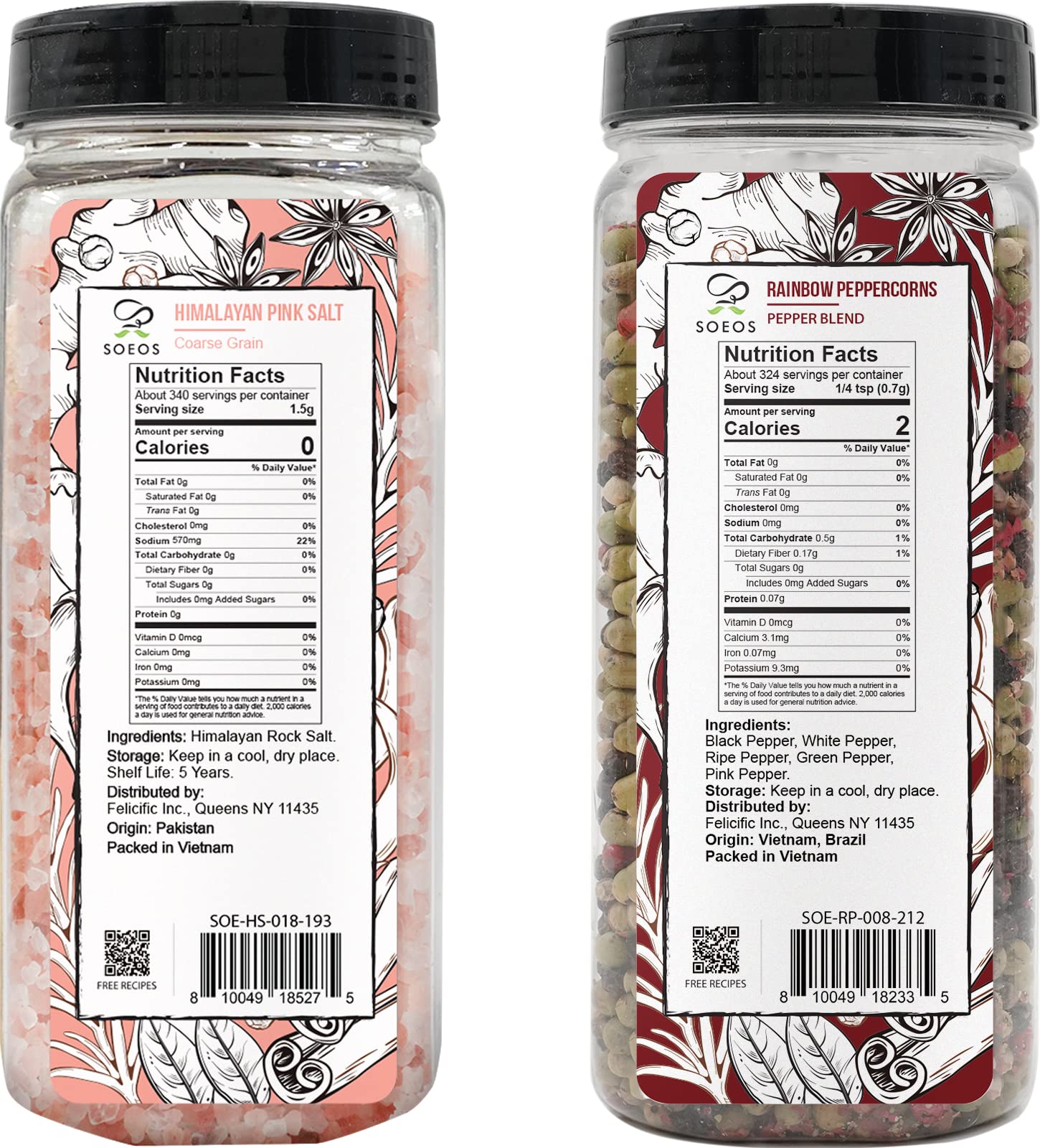 Soeos Himalayan Pink Salt & Rainbow Peppercorn Grinder Refill Set - 18oz Kosher Salt & 8oz Peppercorns - Gourmet Seasoning Blend for Cooking, Baking, Grilling & Salad - Perfect for Kitchen, BBQ & Dinner Parties