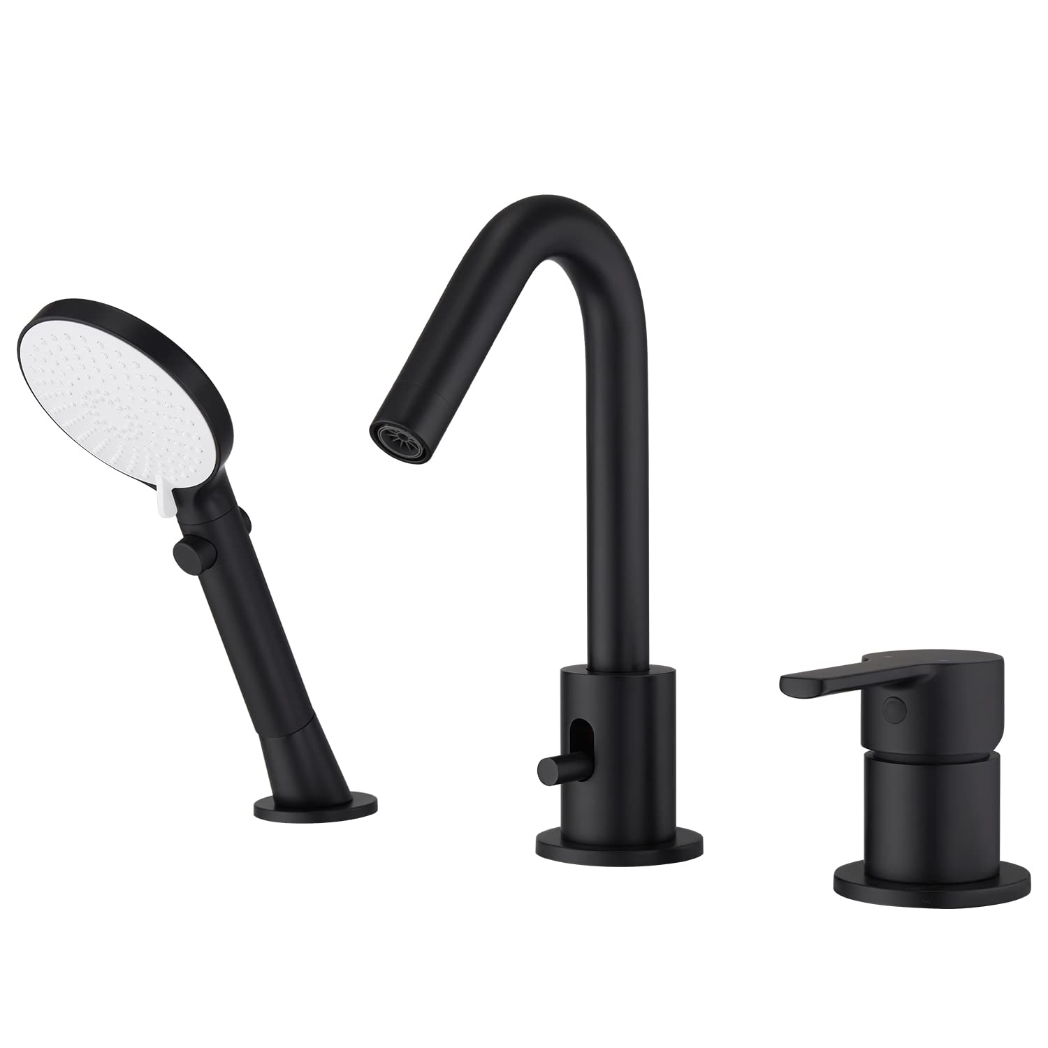 CREA Black Roman Tub Faucet Set - 3-Hole Deck Mount with Hand Shower, Spout Diverter & Pull-Out Sprayer for Bathtub | Modern Bathroom Faucet for Spa-Like Relaxation & Luxury Bathing Experience