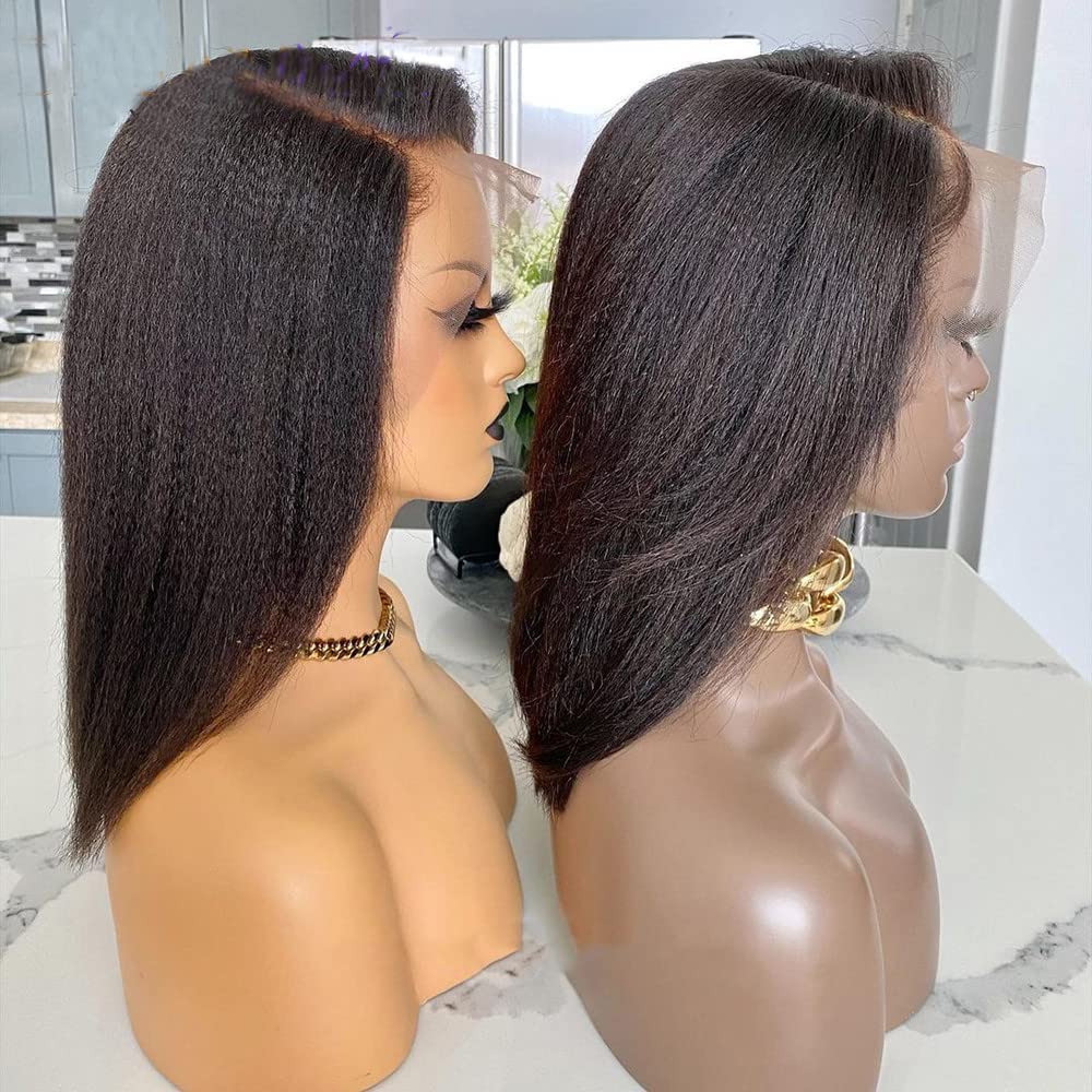 QUINLUX 13x6 Short Bob Italian Yaki Lace Front Human Hair Wig for Black Women - 150% Density Kinky Straight HD Transparent Lace Peruvian Yaki Wig (14 Inch, Natural Color) | Pre-Plucked Hairline | Perfect for Daily Wear, Parties & Special Occasions