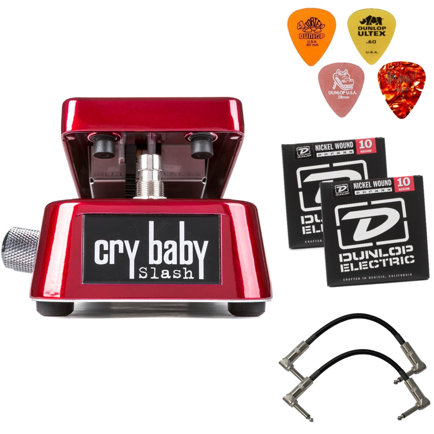 DUNLOP SW95 Cry Baby Slash Signature Wah Wah Guitar Effects Pedal Bundle with Pick Pack, 10-46 Electric Nickel Strings & 2 Patch Cables - Perfect for Rock, Blues & Live Performances