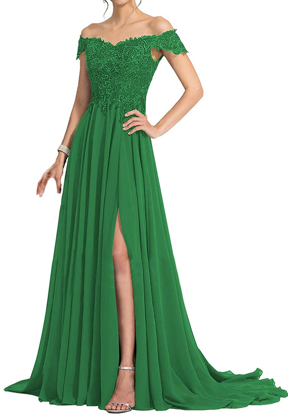 Elegant Off-Shoulder Mother of the Bride Dress - Long Chiffon Lace Formal Evening Gown with Side Slit - Perfect for Weddings, Proms & Special Occasions