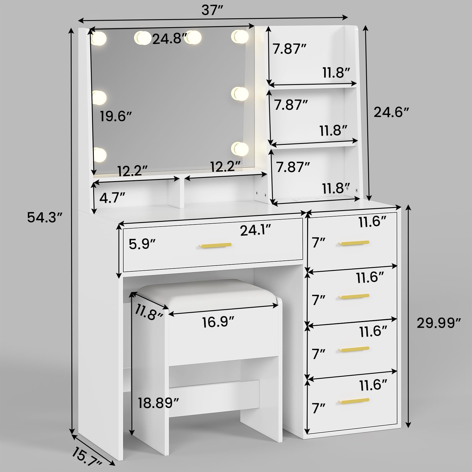AOGLLATI White Makeup Vanity Set with LED Lights & Charging Station - Vanity Desk with Mirror, Cushioned Stool, Visible Drawers & Open Shelves - Perfect for Bedroom, Dressing Room & Beauty Salon Organization