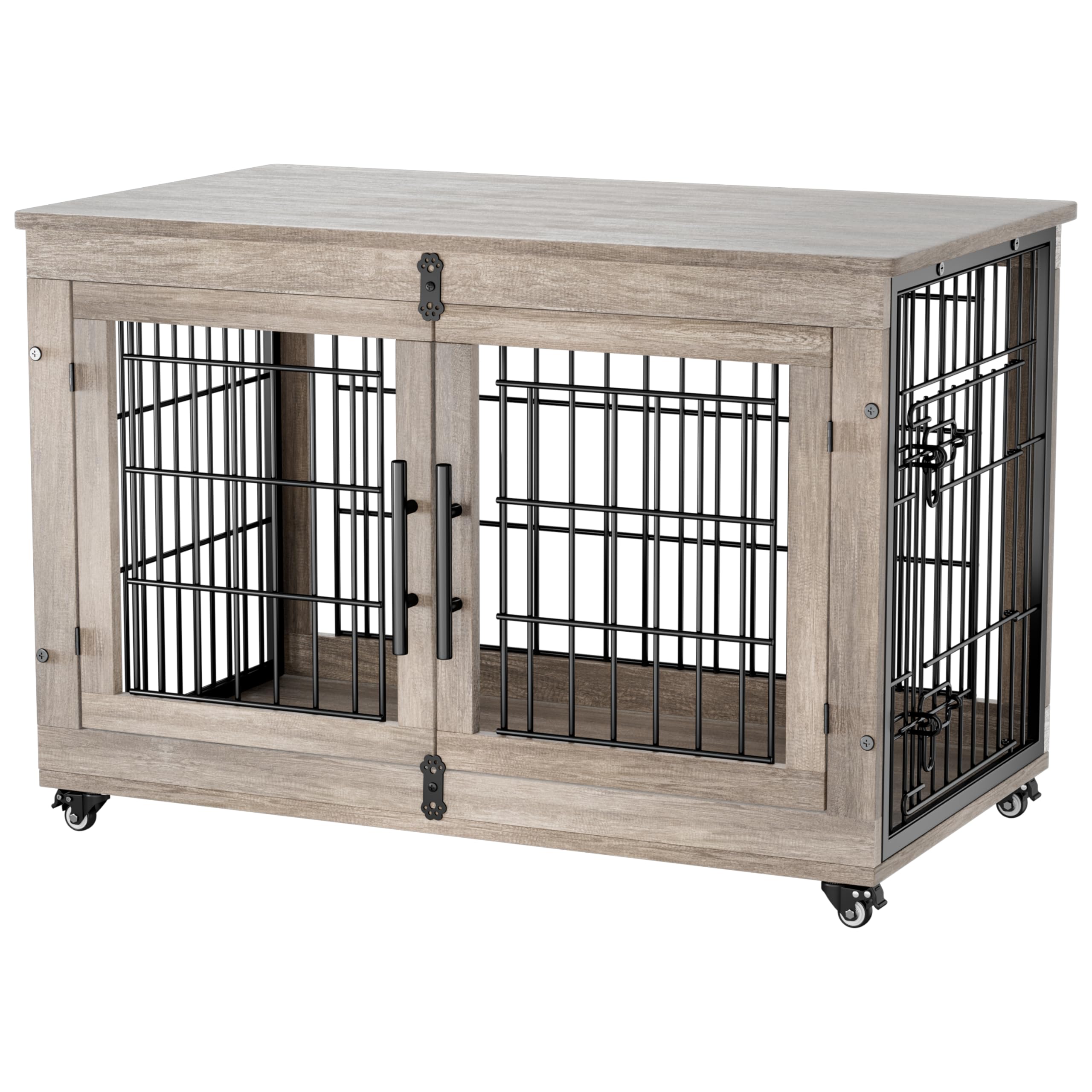 Premium Wooden Dog Crate Furniture with Cushion - Large Indoor Dog Kennel with Double Doors & Wheels - 38.5