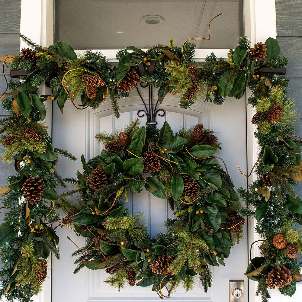 9 Foot Pre-Lit Artificial Christmas Garland with 100 Warm White LED Lights - Magnolia Leaf Collection - Battery Operated Remote Timer - Holiday Home Decor for Fireplace Mantel, Staircase & Christmas Tree Decoration
