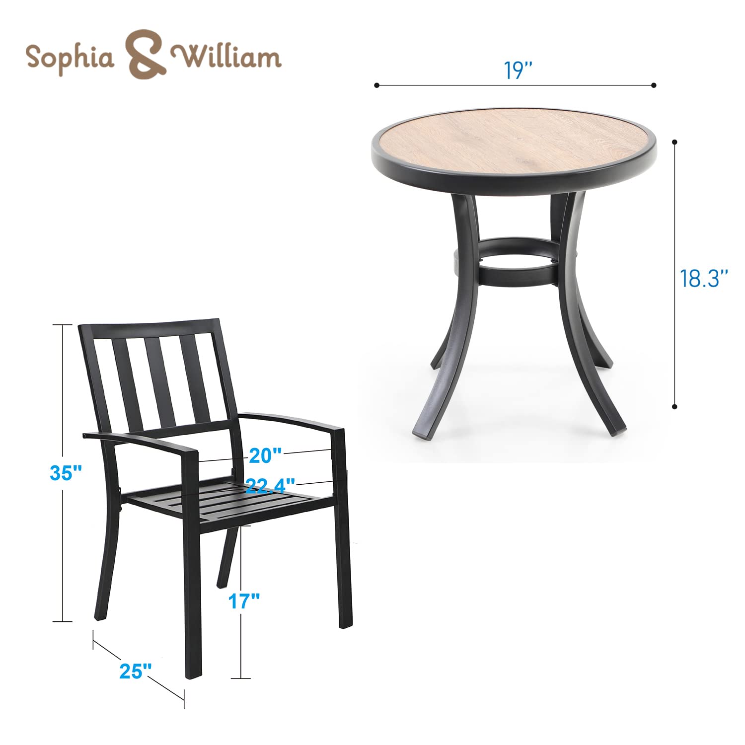 Sophia & William 3-Piece Patio Bistro Set - 2 Stackable Metal Chairs & Round Side Table - Outdoor Furniture for Backyard, Balcony, Garden & Indoor Use - Perfect for Coffee Breaks, Relaxing & Entertaining Guests