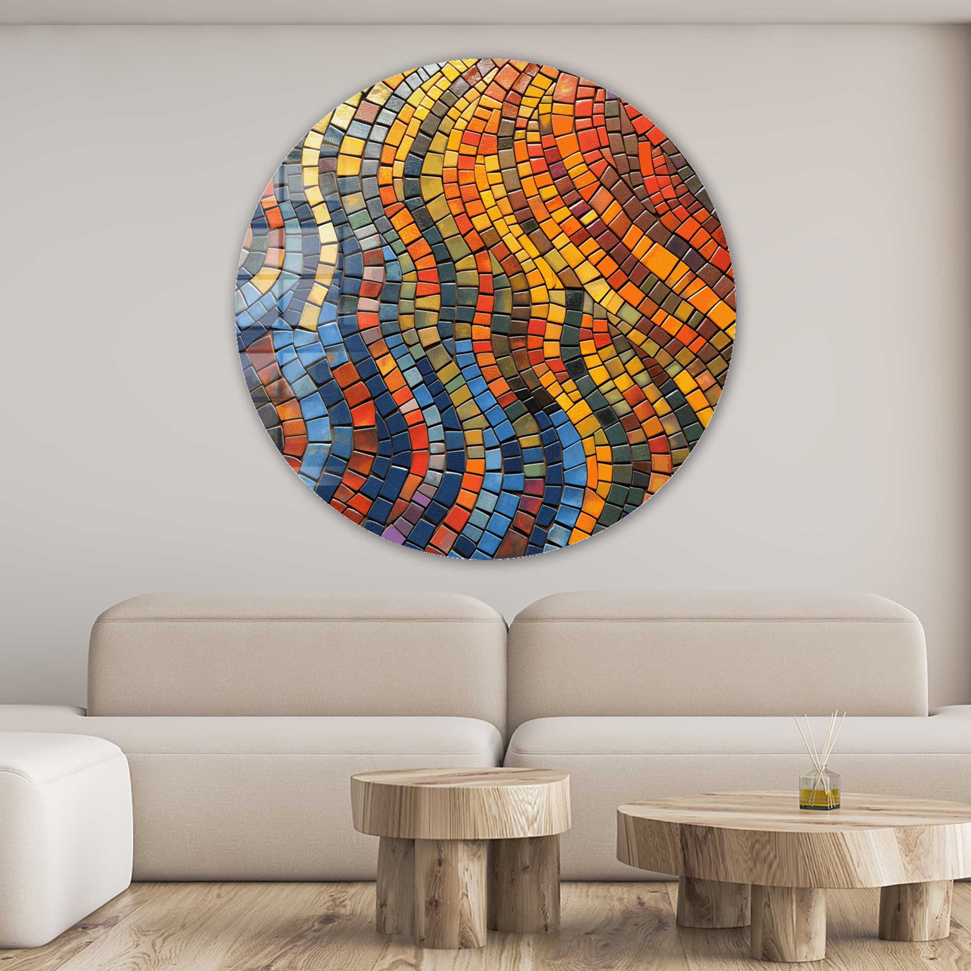 Modern Mosaic Circles Rounded Glass Wall Art - Handmade Home Decor for Living Room, Bedroom & Office