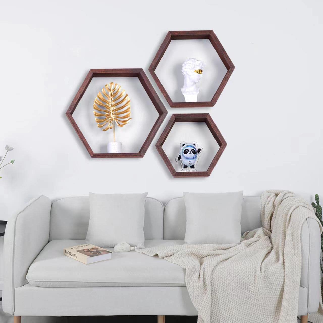 PHOENANCEE Hexagon Floating Shelves Set of 3 - Honeycomb Wall Shelves for Home Decor, Wooden Farmhouse Hexagonal Storage Shelves for Living Room, Bedroom, Kitchen & Office (Walnut) - Perfect for Displaying Photos, Plants and Decorative Items