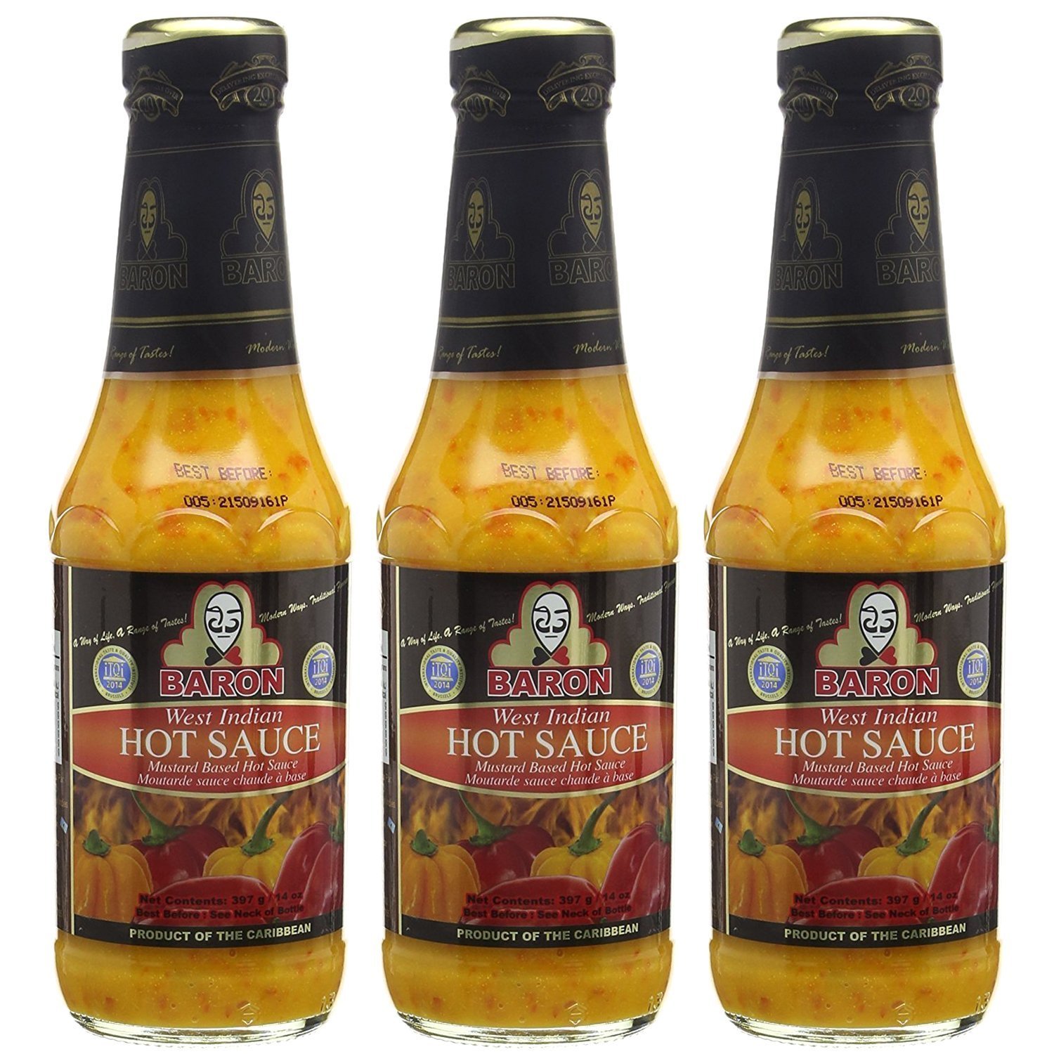 Baron West Indian Hot Pepper Sauce - 14oz Bottle (Pack of 3) | Authentic Caribbean Flavor | Perfect for Jerk Chicken, Seafood & Grilling