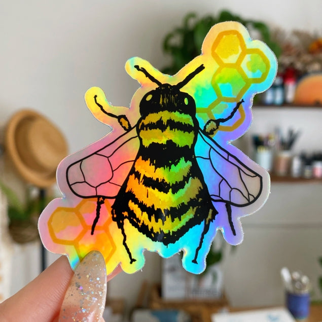 Bee Holographic Stickers - Waterproof Vinyl Decals for Laptops, Phones, Journals - Cute Aesthetic DIY Decor for Teens Room, Scrapbooking, Planner Accessories