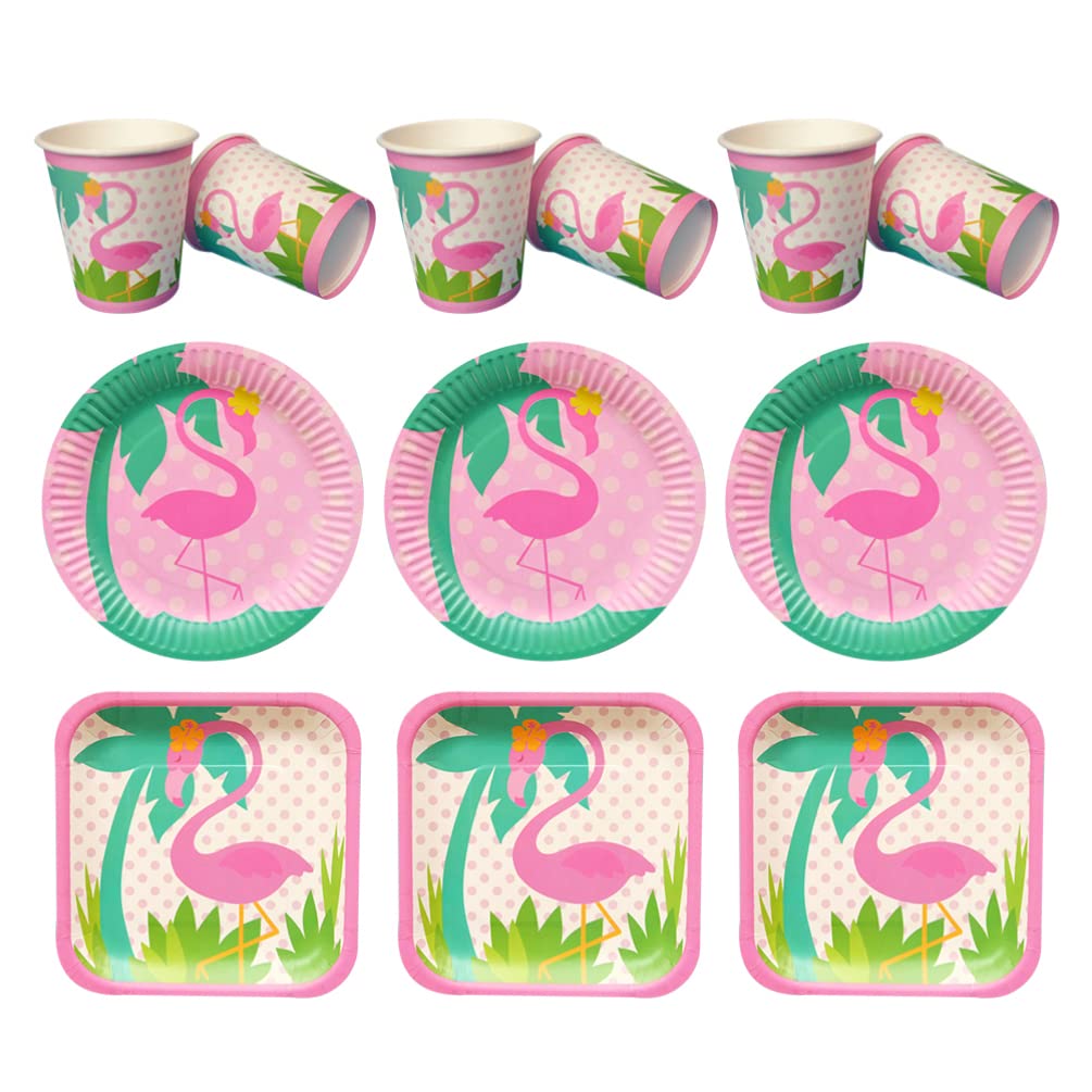24-Piece Flamingo-Themed Disposable Paper Plates & Cups Set - Summer Hawaiian Luau Party Supplies for Tropical Beach, Poolside Gatherings & Flamingo-Themed Celebrations